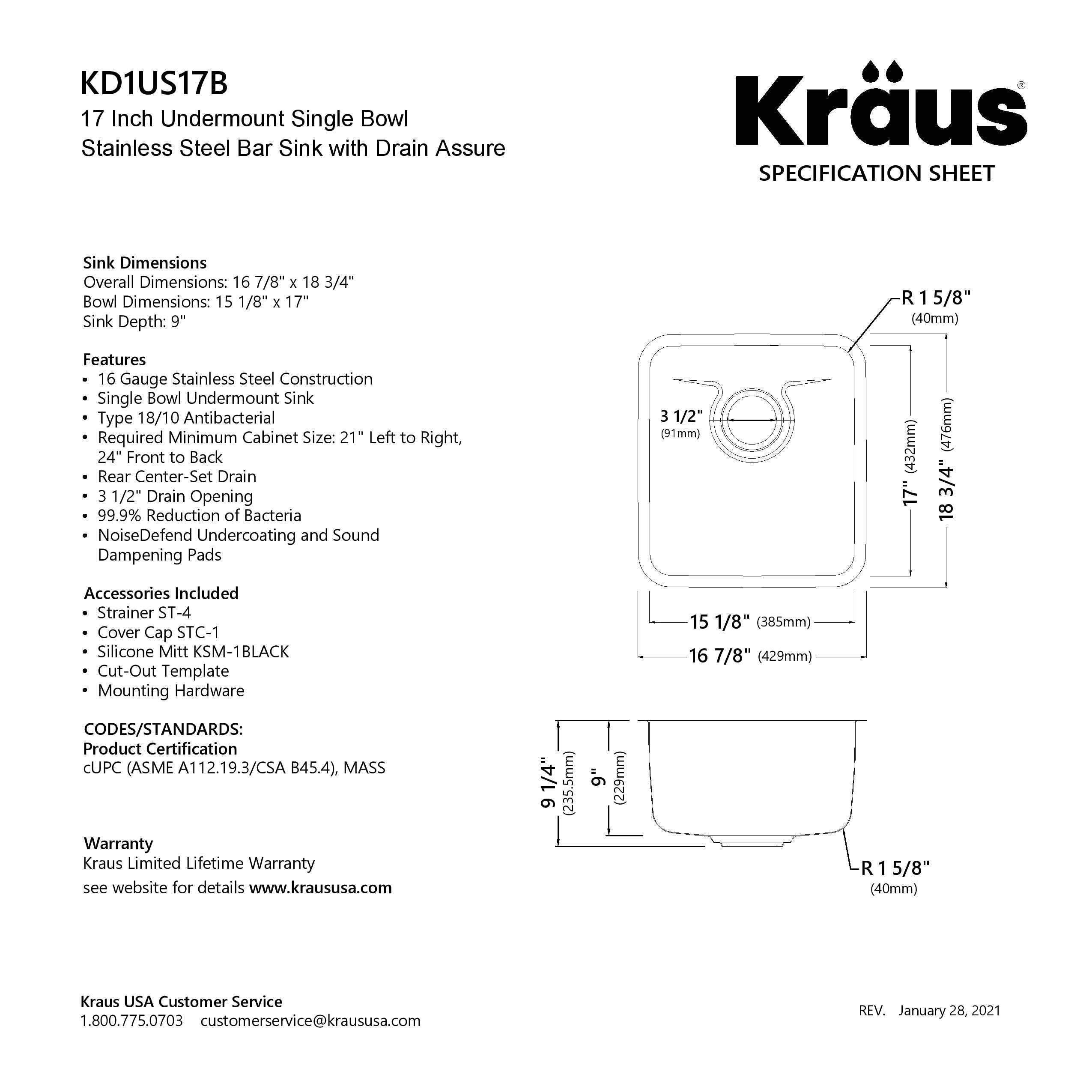 KRAUS Dex 17-Inch Undermount Single Bowl Stainless Steel Kitchen Sink - 16 Gauge, DrainAssure WaterWay, VersiDrain Assembly, Radiant Pearl Finish (KD1US17B) - Perfect for Modern Kitchens, Bars & Small Spaces