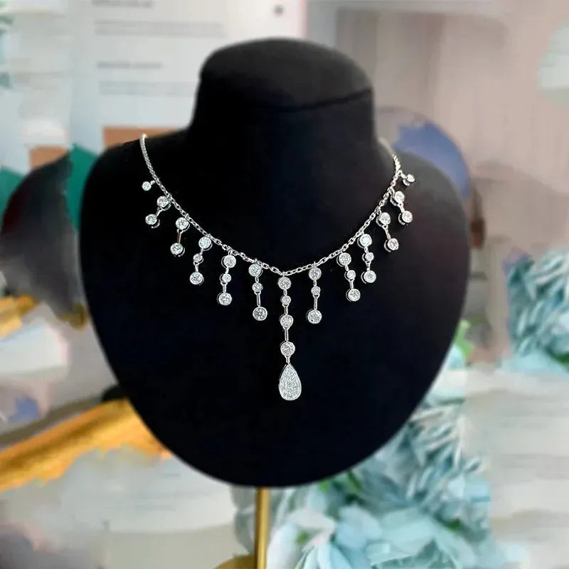 18K White Gold Tassel Necklace with Real Natural Diamond Pendant - Luxury Women's Jewelry for Parties, Weddings & Special Occasions