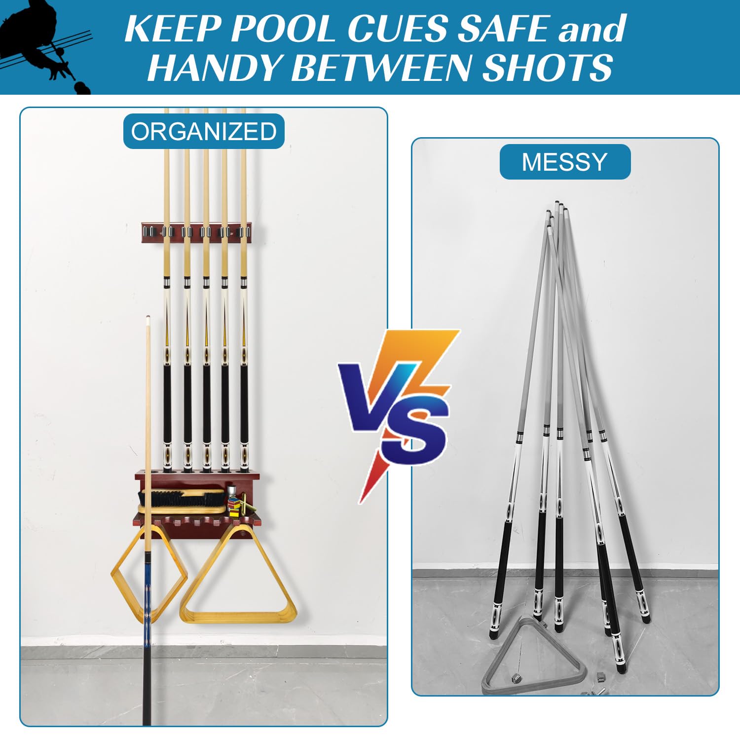 Wall Mount Pool Cue Rack Holder for 6 Sticks - Billiard Table Accessories Organizer in Burgundy | Perfect for Game Rooms, Bars & Home Pool Tables