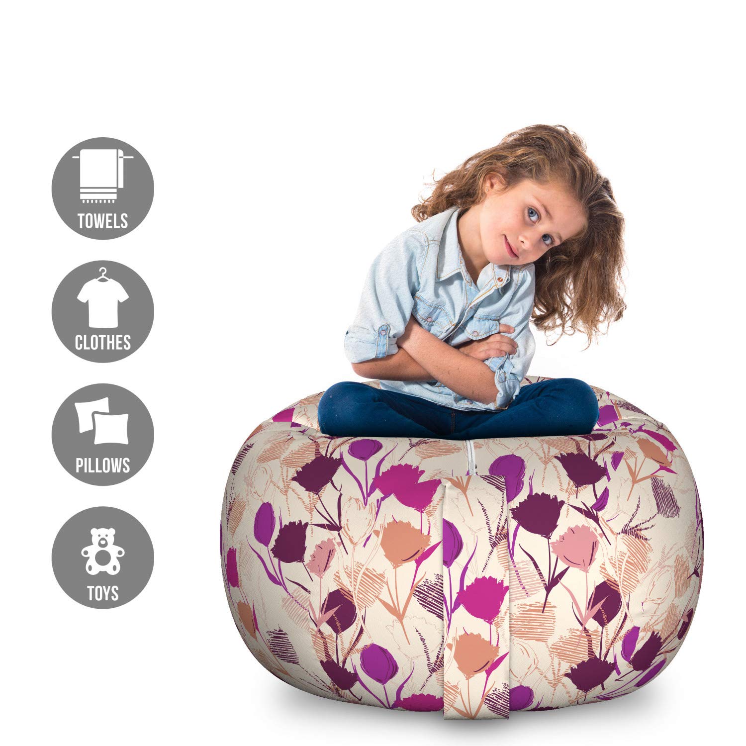 Ambesonne Floral Storage Toy Bag Chair - Pastel Spring Carnations & Tulips Design, Large Washable Stuffed Animal Organizer | Kids Room Decor, Nursery Storage, Playroom Organization