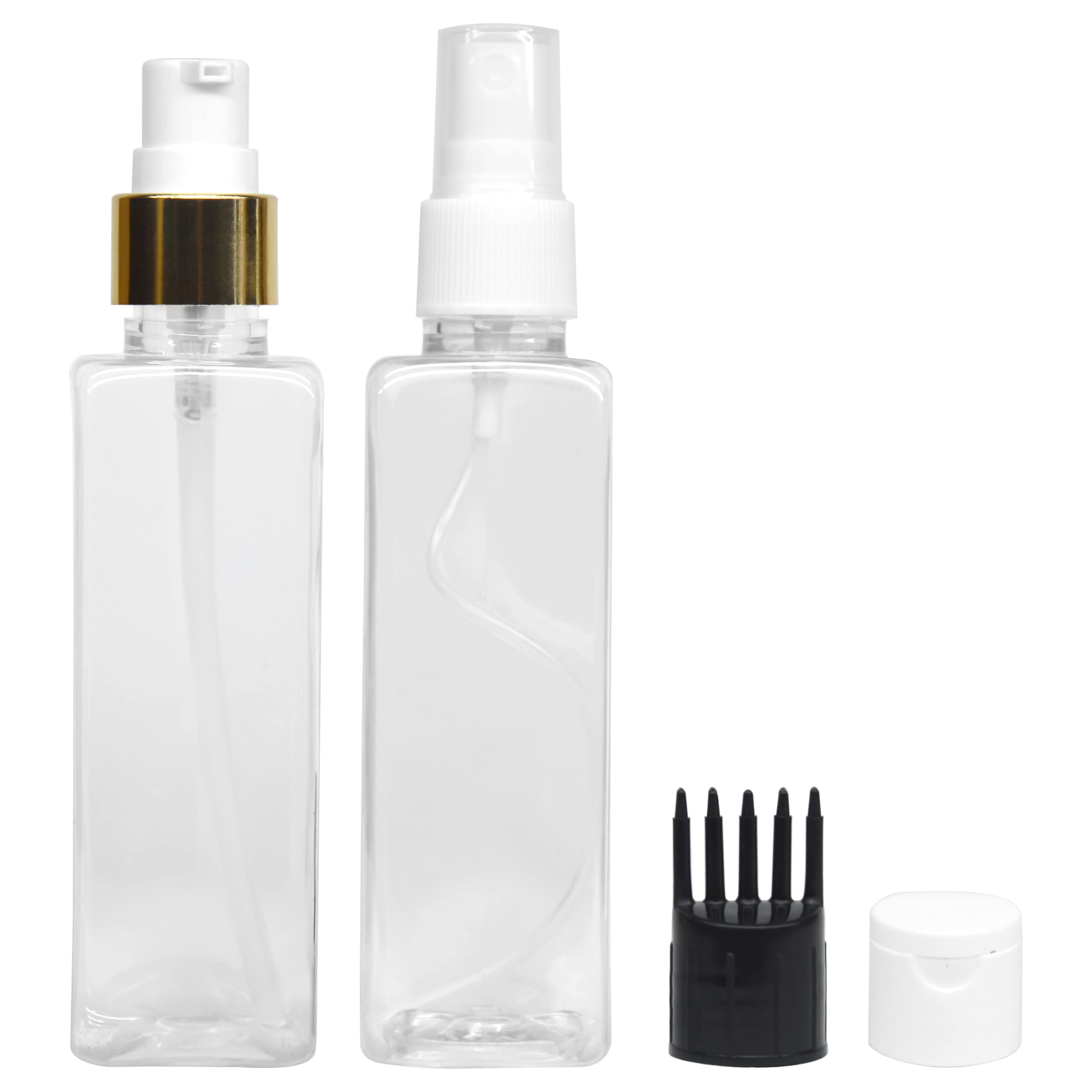MAPPERZ 2-Pack Refillable Rectangular Bottle Set with Pump Dispenser, Spray Atomizer & Root Comb - Perfect for Perfume, Shampoo, Body Wash & Liquid Storage | Travel & Home Use