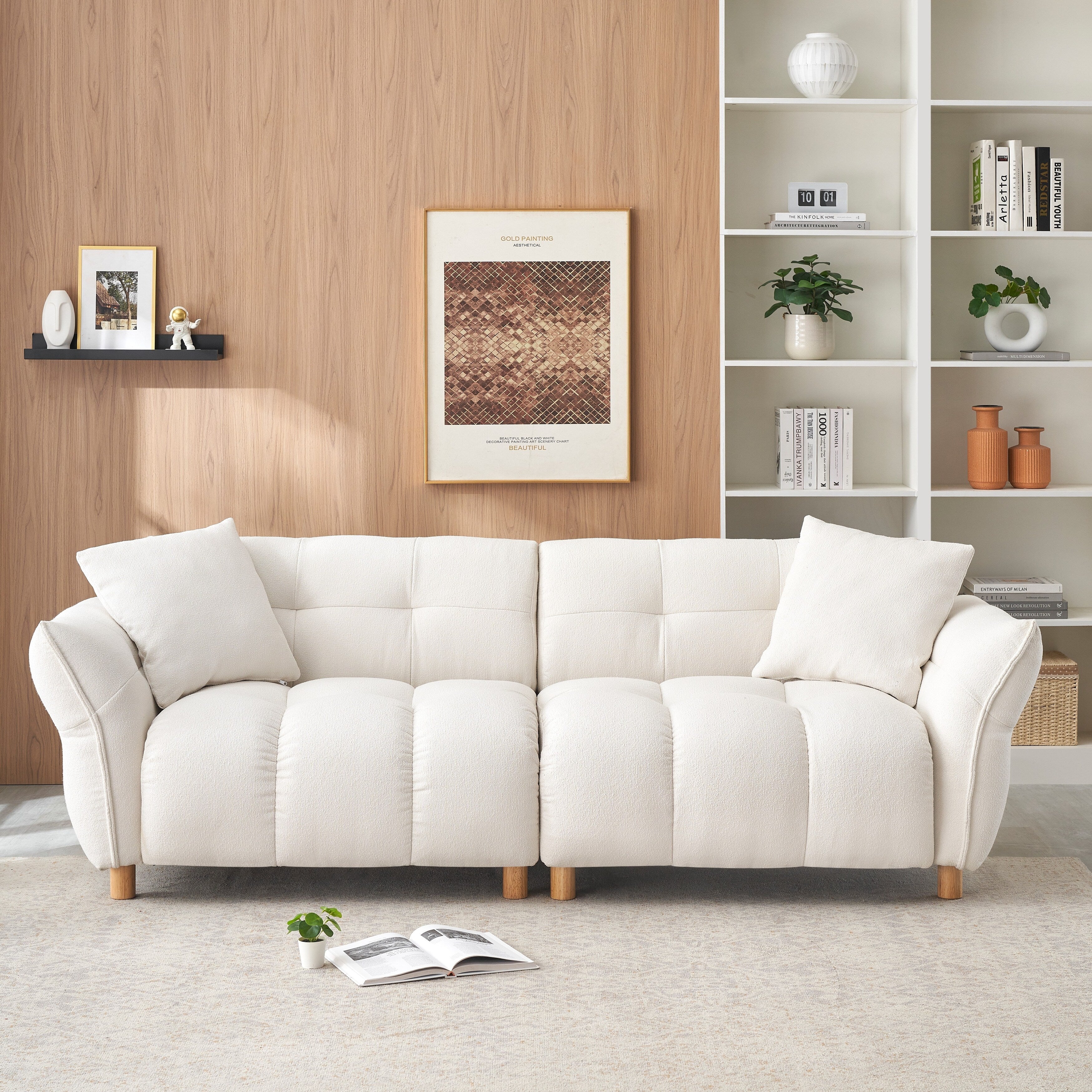 Mid Century Modern Sofa with Soft Teddy Fabric - Plush 3-Seater Couch with Decorative Pillows - Comfortable Living Room Furniture for Home & Office Lounge
