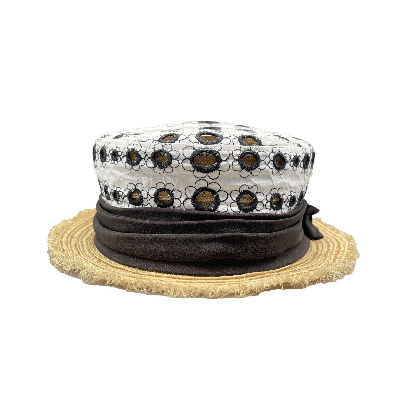 CHANEL Woven Straw Ribbon CC Embroidered Spring Summer Boater Hat - Size M | Fashionable Sun Protection for Beach, Garden & Outdoor Activities