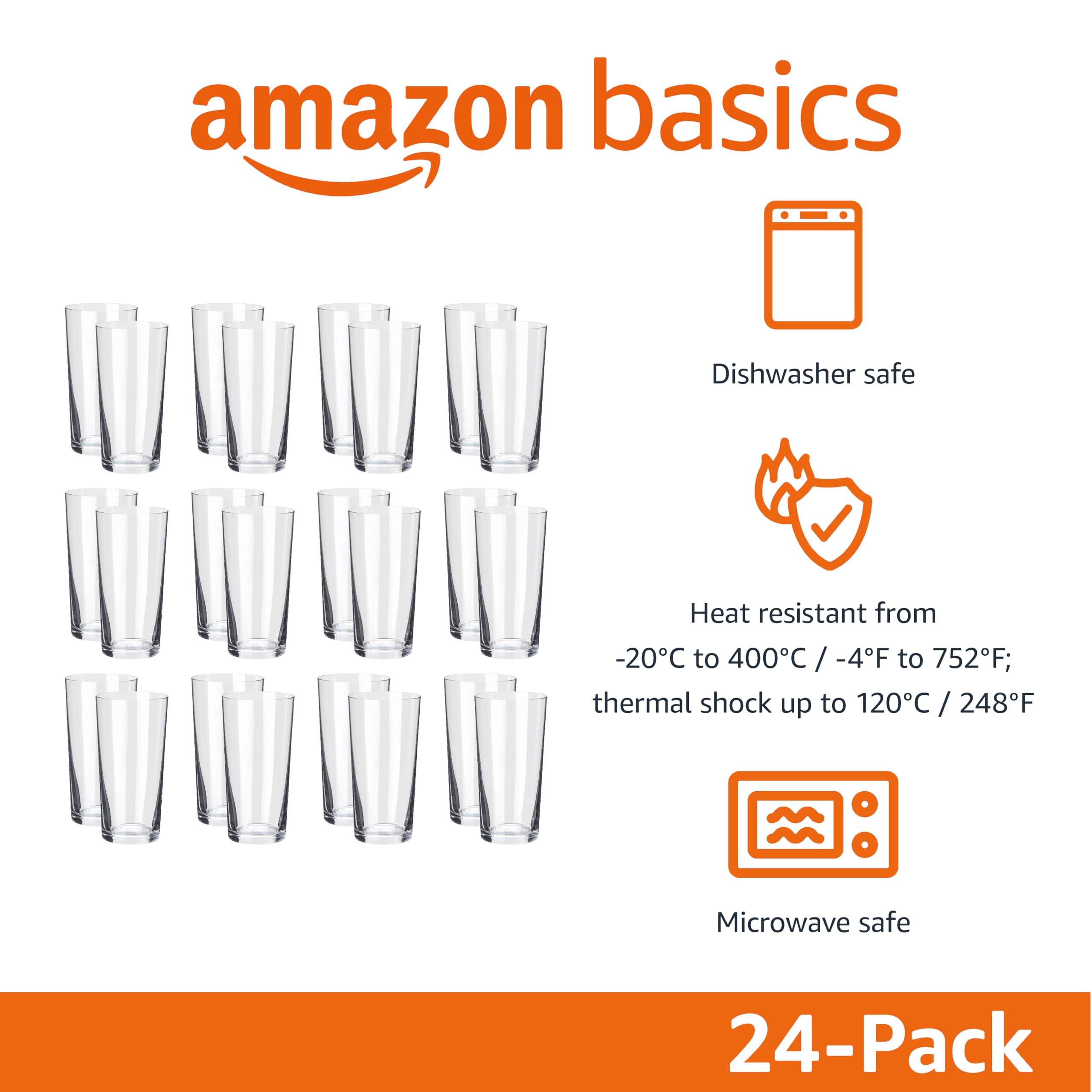 Amazon Basics Admiral Cooler Borosilicate Glass Cup - 14.7 oz Microwave-Safe Commercial-Grade Clear Drinking Glasses (24-Pack) - Perfect for Restaurants, Cafes, Offices and Home Use