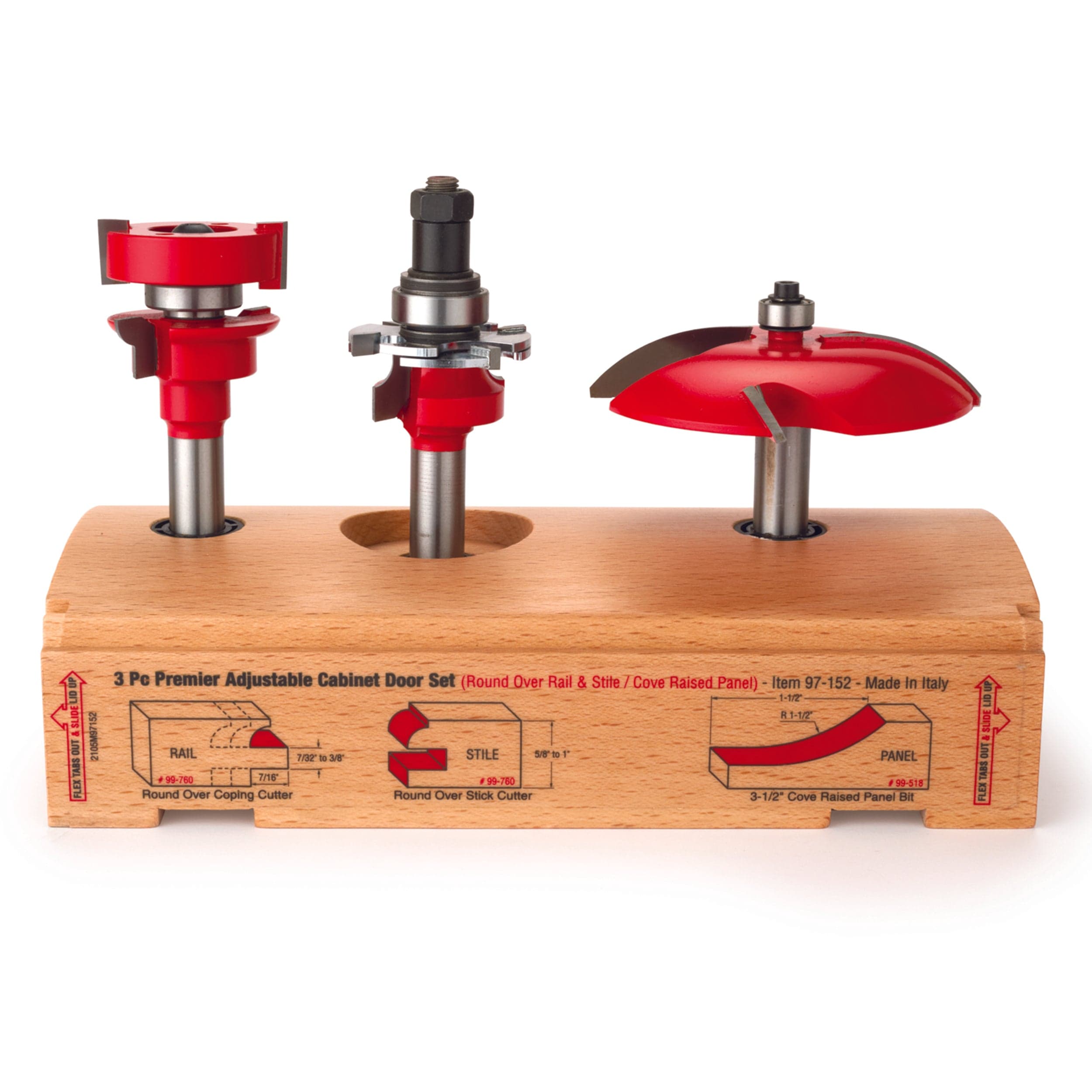 **97-152 Adjustable Rail and Stile 3-Piece Door Router Bit Set - Cove Panel & Round Rail with 1/2