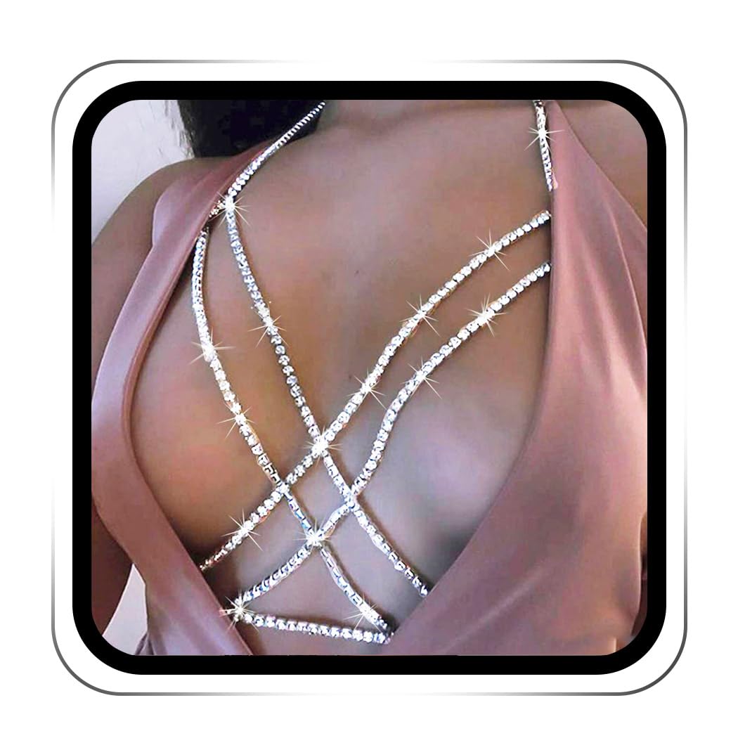 Graeen Rhinestone Body Chain for Women - Silver Crystal Cross Bra Jewelry | Elegant Chest Chain for Parties, Weddings & Festivals