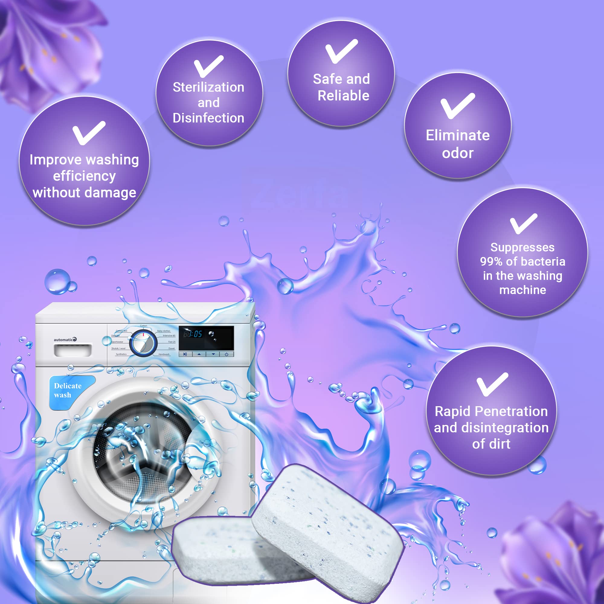 Zerfa 12-Pack Lavender Scented Washing Machine Cleaner Tablets - Deep Clean & Descaling for Front & Top Load Washers - Removes Stains & Odors - Perfect for Laundry Refresh & Appliance Maintenance