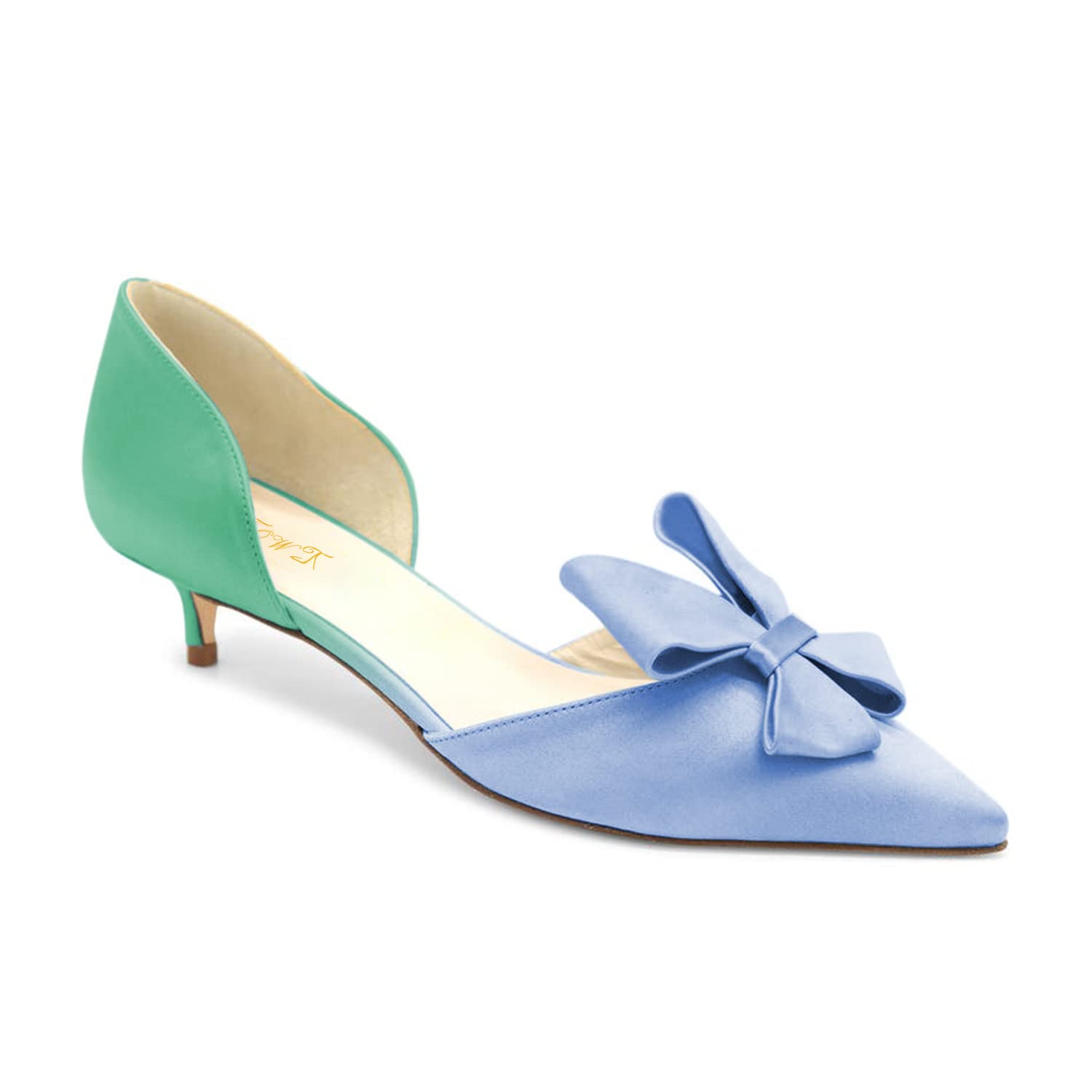 FOWT Women's Elegant Satin Bow D'Orsay Kitten Heel Pumps - Pointed Toe Low Heel Slip-On Dress Shoes for Party, Wedding & Office Wear - Sky Blue, US Size 4-16 (Medium Width)