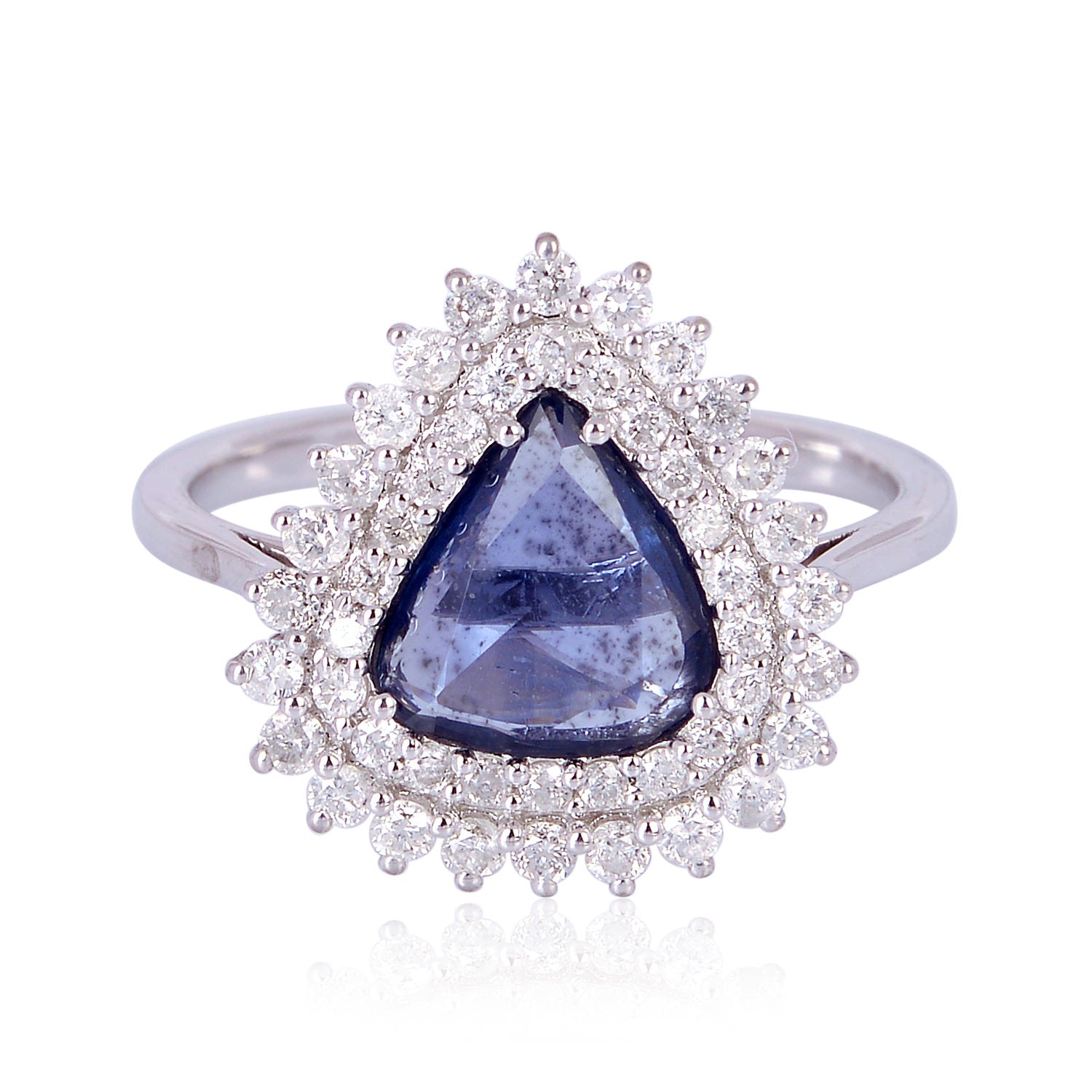 18K White Gold Prong Set Blue Sapphire and Pave Diamond Wedding Ring for Women - Perfect for Engagement, Anniversary, and Bridal Jewelry Gifts