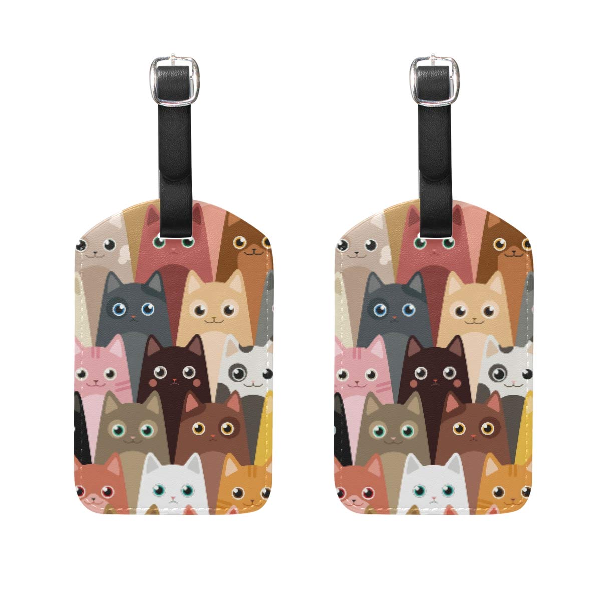 Custom PU Leather Luggage Tags Set of 2 - Cat Design ID Tags in Black, Red, Yellow & Pink | Durable Rubber Suitcase Labels with Business Card Holder | Perfect for Travel, Business Trips & Vacation Packing
