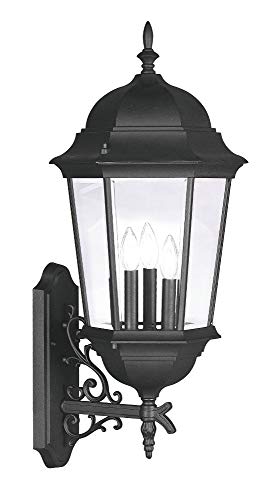 Livex Lighting 7566-14 Hamilton Traditional 3-Light Outdoor Wall Lantern with Clear Beveled Glass Shades, 30