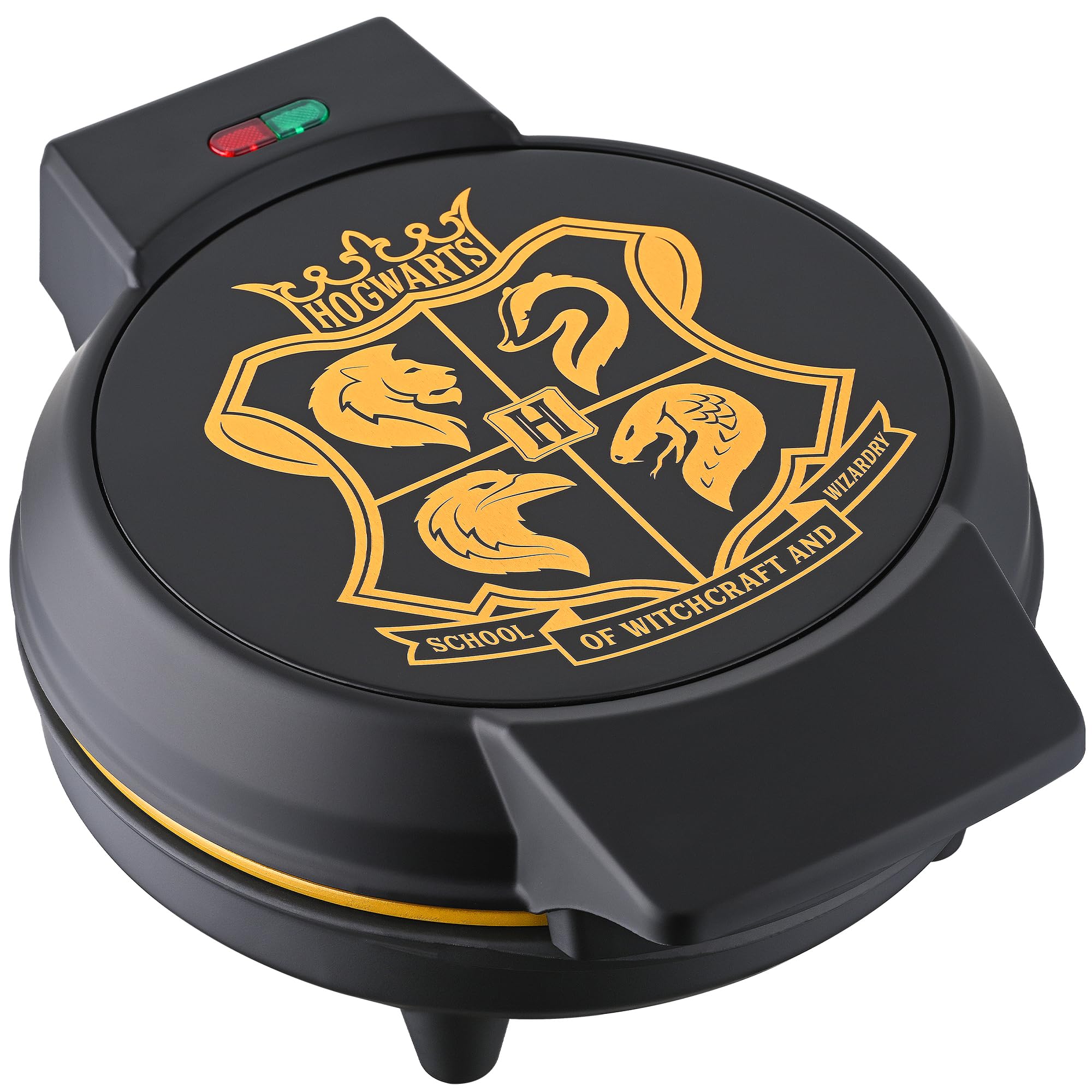 Warner Brothers Harry Potter Round Waffle Maker - Ceramic Non-Stick Plates - Imprints Hogwarts Crest - Black & Gold WBH-250WM - Perfect for Breakfast, Party Snacks & Harry Potter Themed Events
