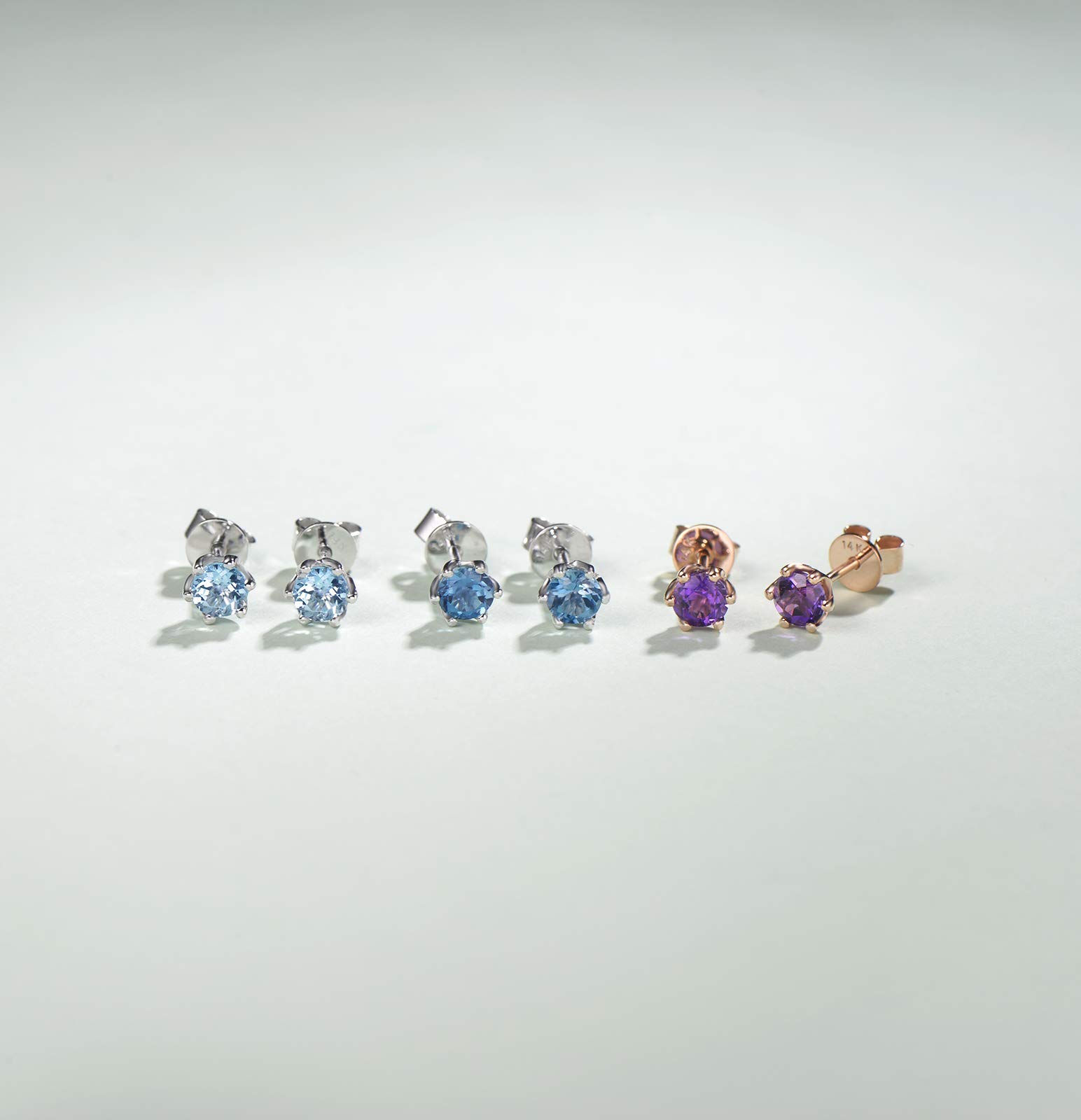 14K Solid Gold Diamond Cut Genuine Aquamarine & Topaz Stud Earrings for Women - 5mm Tiny Birthstone Jewelry, Perfect Gift for Mom, Wife, Her on Anniversary, Birthday | Elegant for Everyday Wear & Special Occasions