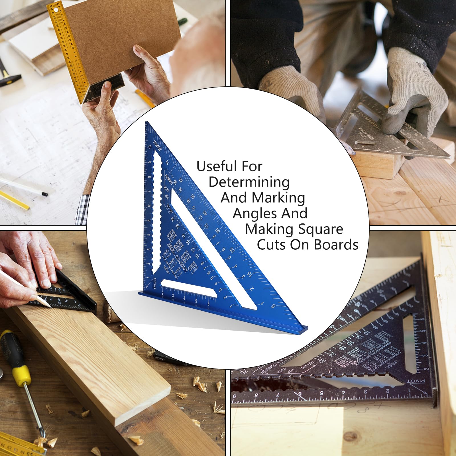 12-Inch Alloy Metal Carpenter Square - SAE & Metric Triangle Ruler with Protractor for Woodworking, Construction & DIY Projects | Blue Layout Tool for Precise Measuring & Angle Marking