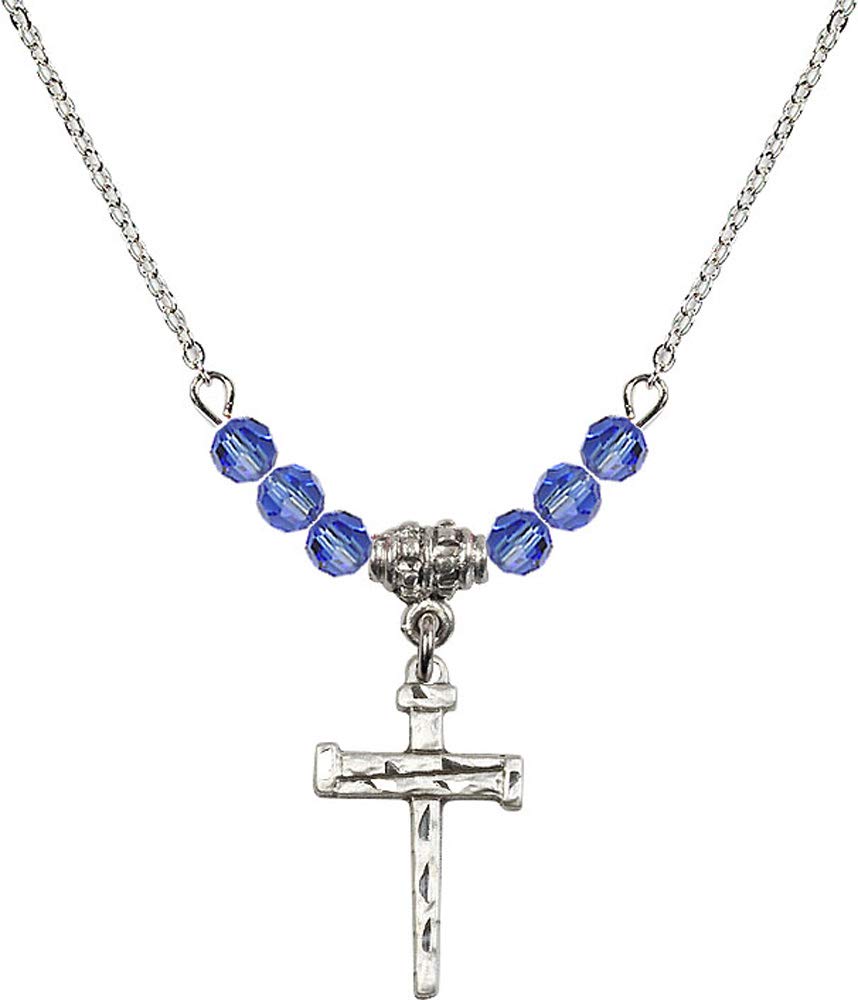 18-Inch Rhodium Plated Necklace with 4mm Blue Sapphire Birthstone Beads & Nail Cross Charm - September Birthstone Jewelry for Women, Gift for Birthday, Anniversary & Special Occasions