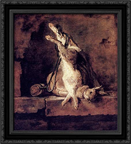 Rabbit with Game Bag and Powder Flask 20x22 Black Ornate Wood Framed Canvas Art by Jean Baptiste Simeon Chardin - Vintage Hunting Theme Wall Decor for Living Room, Study, or Cabin