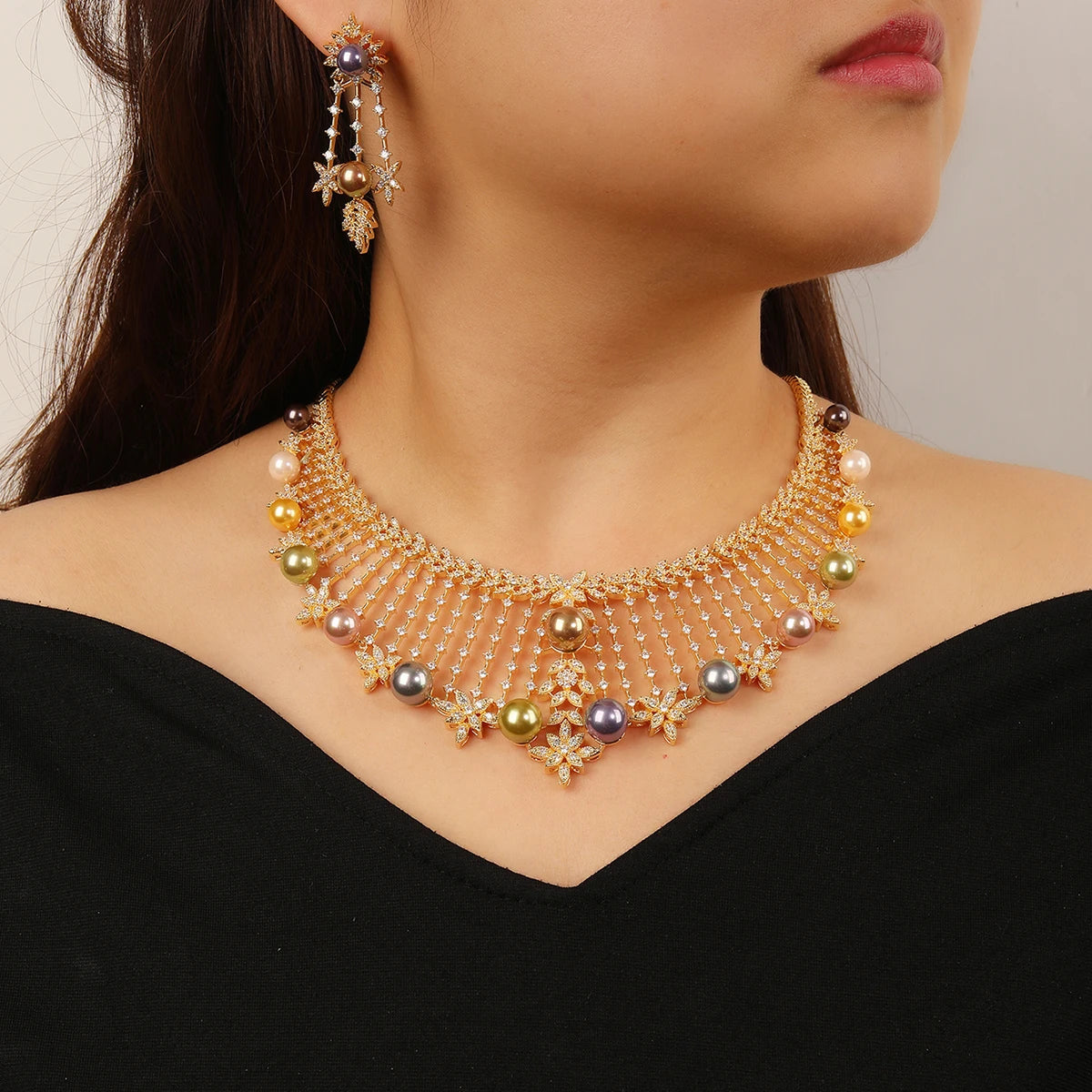 Luxury Cubic Zirconia Flower Pearl Necklace Set - Elegant Bridal Wedding Jewelry for Women | Perfect for Nigeria & Dubai Weddings, Parties & Special Occasions
