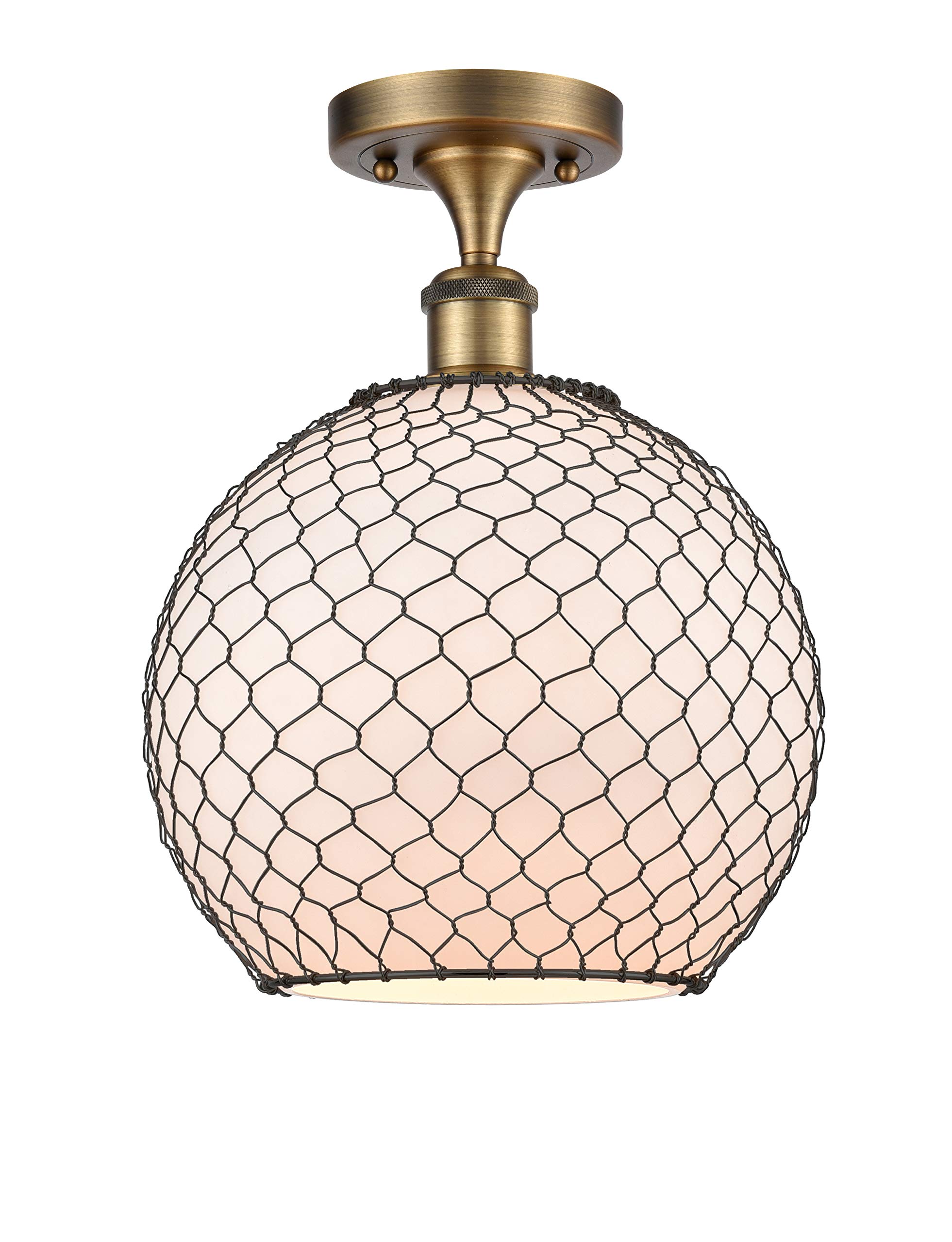Large Farmhouse Chicken Wire 1 Light Semi-Flush Mount Light Fixture - Brushed Brass Finish - Ballston Collection - Rustic Ceiling Light for Kitchen, Dining Room, or Entryway