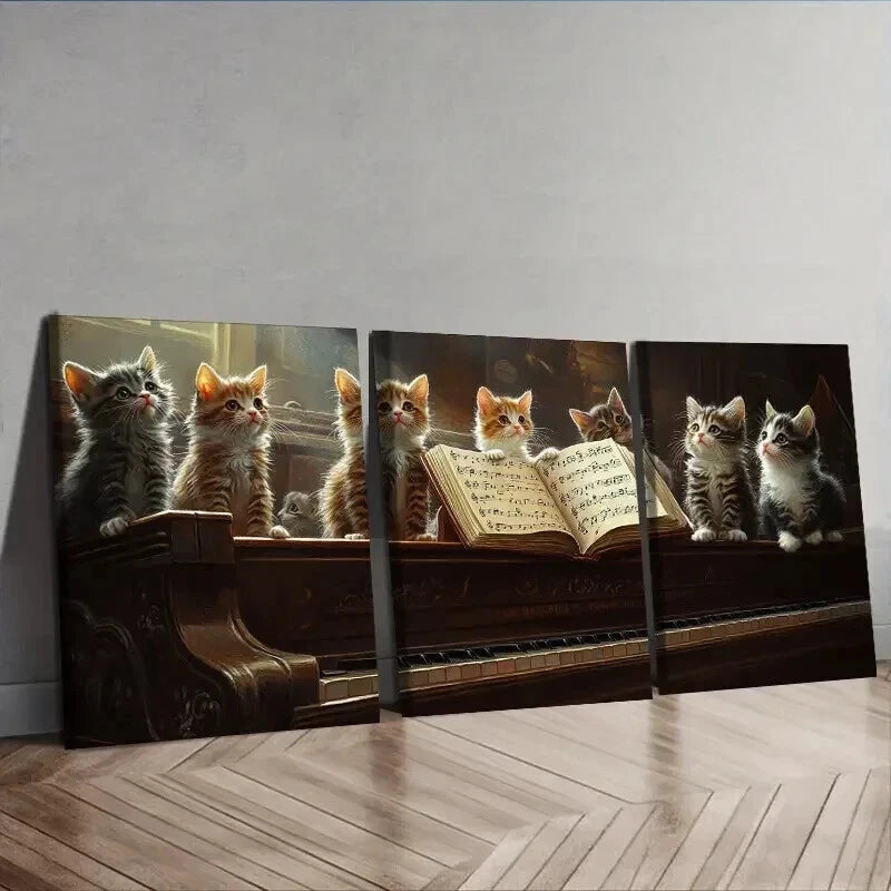 3-Piece Cat on Piano Wall Art Set - Framed Canvas 50x70cm (20x28in) - High Quality Print - Ready to Hang Home Decor - Perfect for Living Room, Bedroom & Office