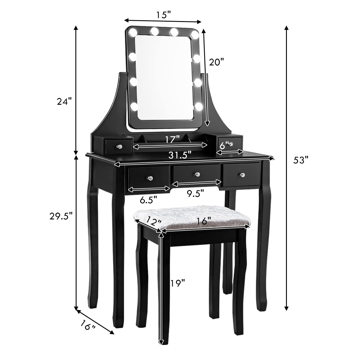 Modern Vanity Set with LED Lighted Mirror & Storage Drawers - 360° Rotatable Makeup Dressing Table with Cushioned Stool, Bedroom Furniture for Women | Perfect for Small Spaces, Makeup Application & Home Decor (Black)