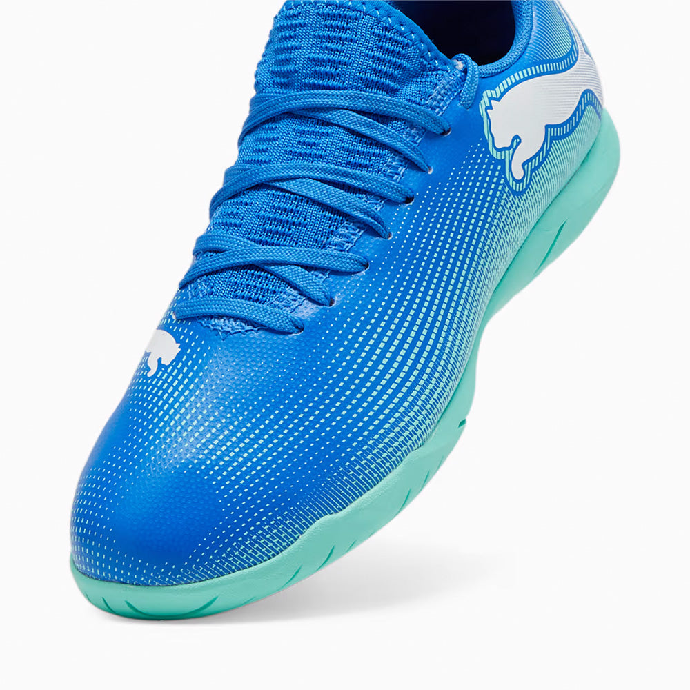 Puma Future 7 Play IT Junior Indoor Soccer Shoes for Kids - Hyperlink Blue/Mint - Perfect for Indoor Training & Youth Football Games