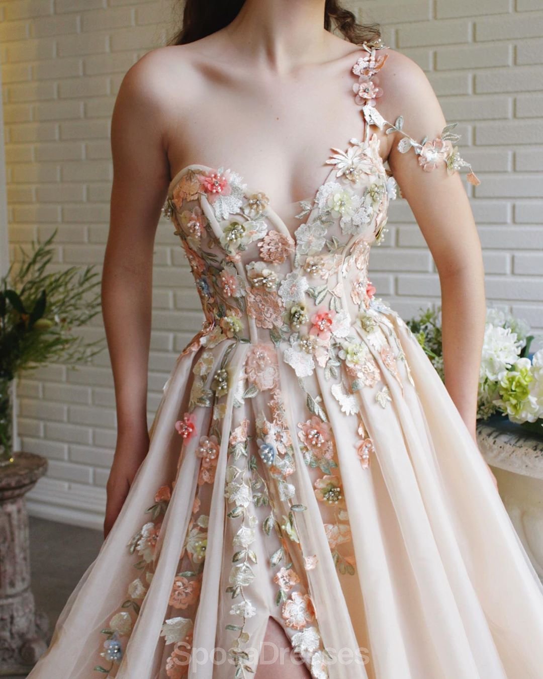 Elegant One Shoulder Lace Flower Long Evening Prom Dress for Women - Formal Gown for Homecoming, Wedding, Party & Special Occasions - Style 12351