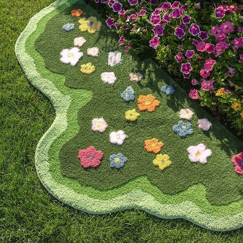 Green Blooming Lawn Accent Rug - Soft Floral Design Indoor/Outdoor Carpet - Perfect for Patio, Garden, Living Room & Bedroom Decor