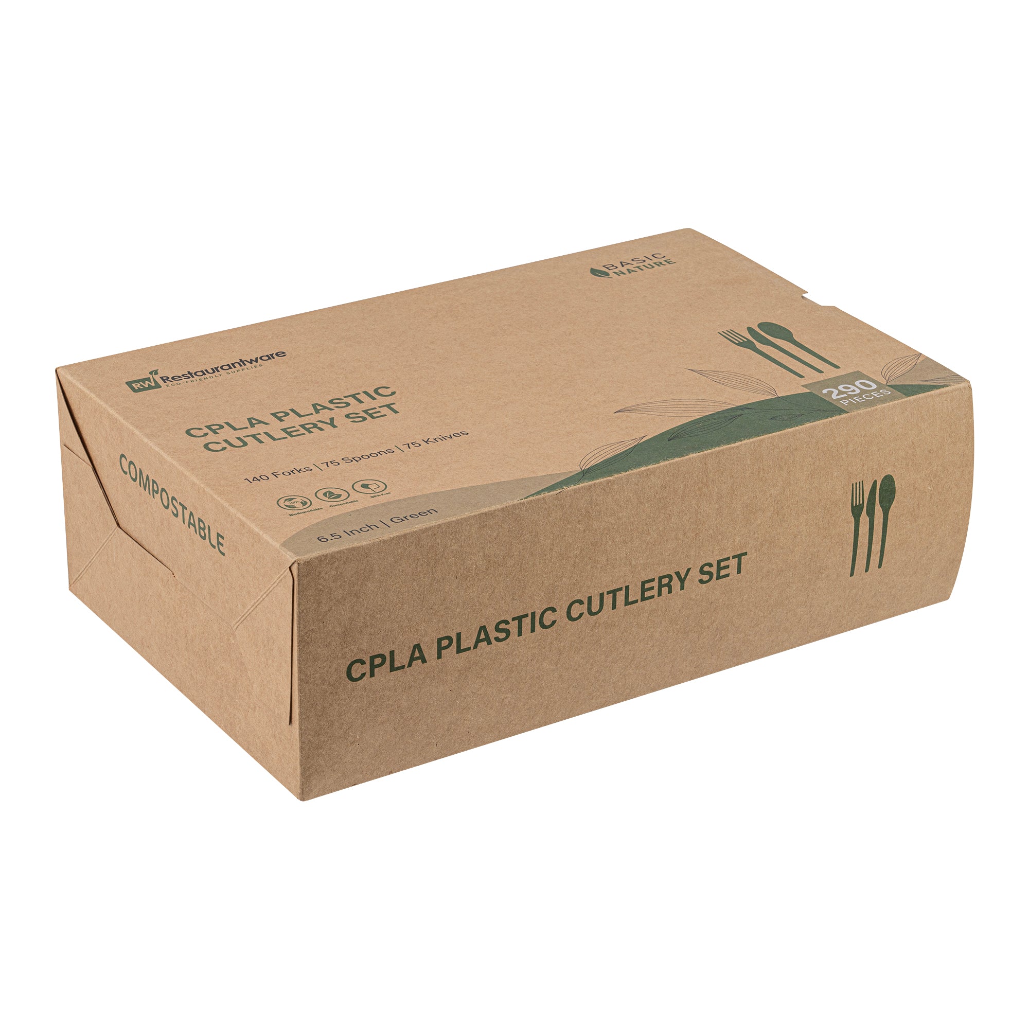Eco-Friendly Green CPLA Plastic Cutlery Set - 290-Piece Heat Resistant, Compostable Utensils (6.5