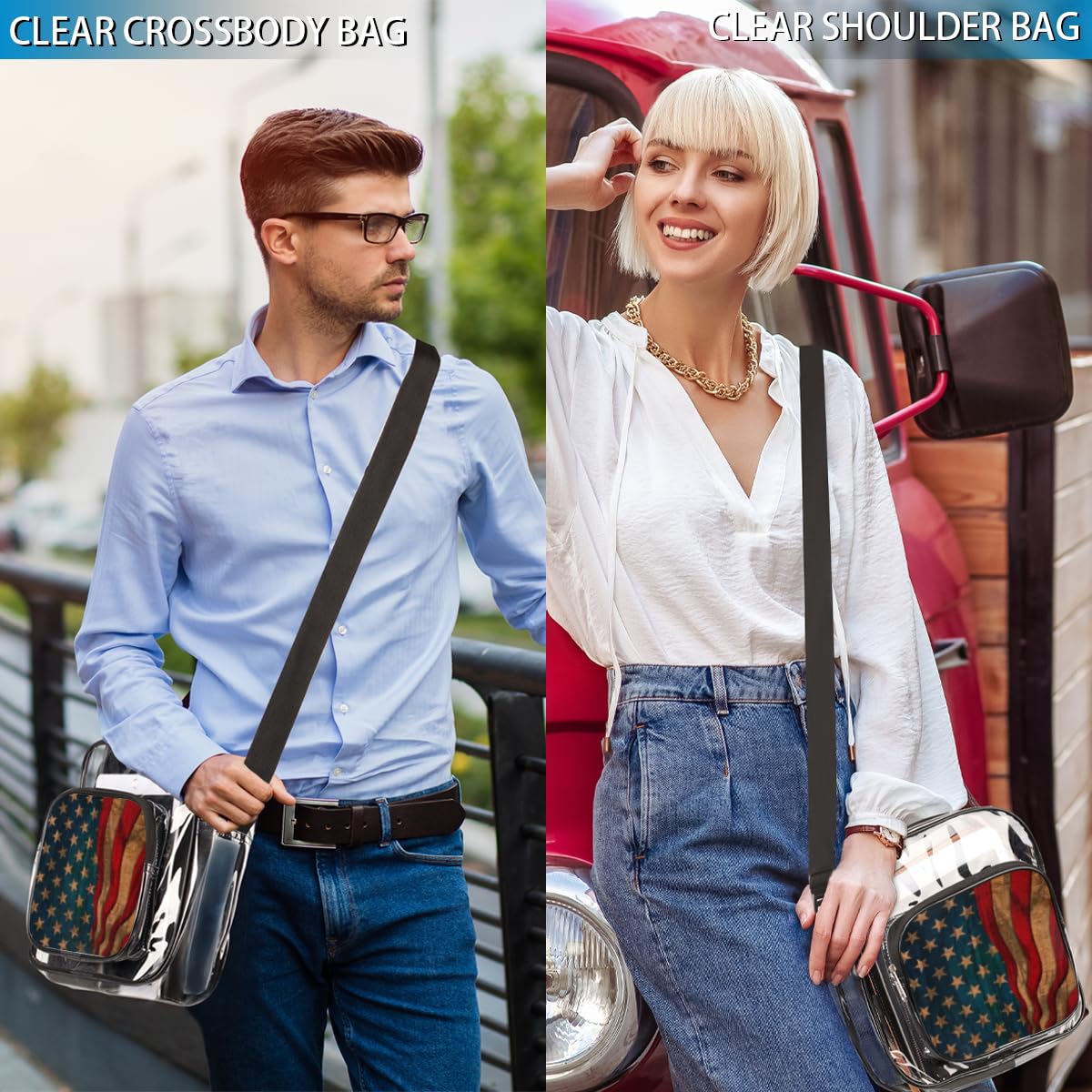**Mularoka American Flag Clear Crossbody Purse Bag - Stadium Approved Clear Tote for Women & Men - Rustic Flag Design for Festivals, Sports Events & Concerts - Perfect for NFL Games, Music Festivals & Outdoor Activities**