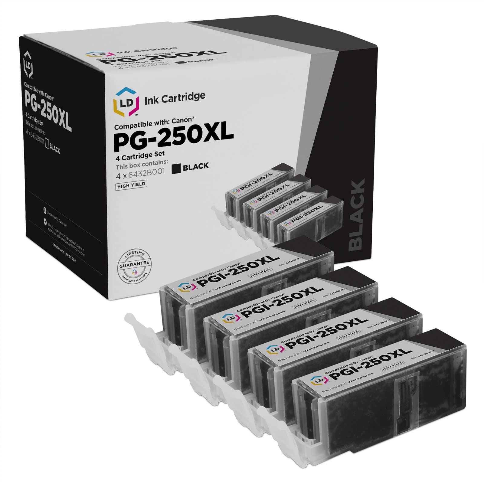Canon PGI-250XL 6432B001 Compatible Ink Cartridge - High Yield Pigment Black (4-Pack) | Printer Replacement for Home & Office Use