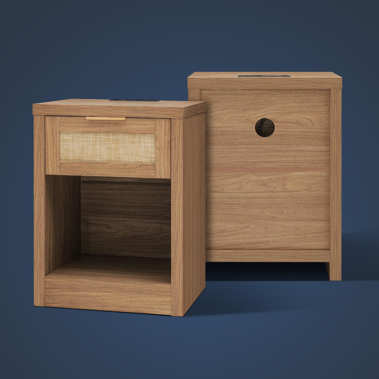 2-Piece Rattan Nightstand Set with USB-C Charging Station & Drawer - Boho Bedside Table, End Table for Bedroom & Living Room (Weathered Oak) - Perfect for Small Spaces, Guest Rooms & Apartment Decor