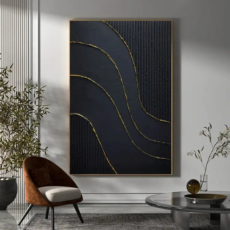Black Gold Minimalist Textured Abstract Wall Art Painting #MZ011 - Modern Home & Office Decor for Living Room, Bedroom, Dining Area