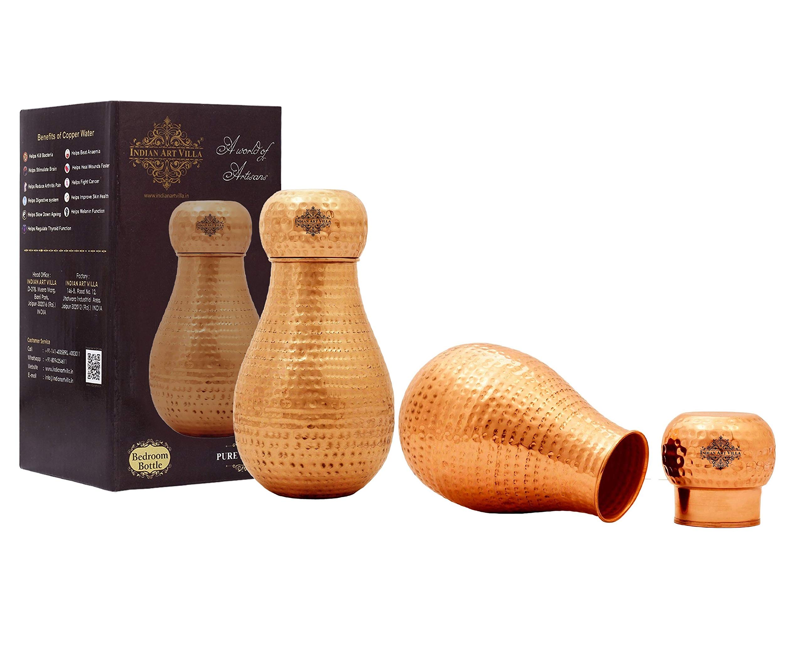 Pure Copper Water Bottle with Inbuilt Glass & Hammered Matka Design - 54 Oz (Pack of 2) | Aesthetic Drinkware for Bedroom, Office & Travel | Ayurvedic Copper Storage Vessel for Healthy Hydration