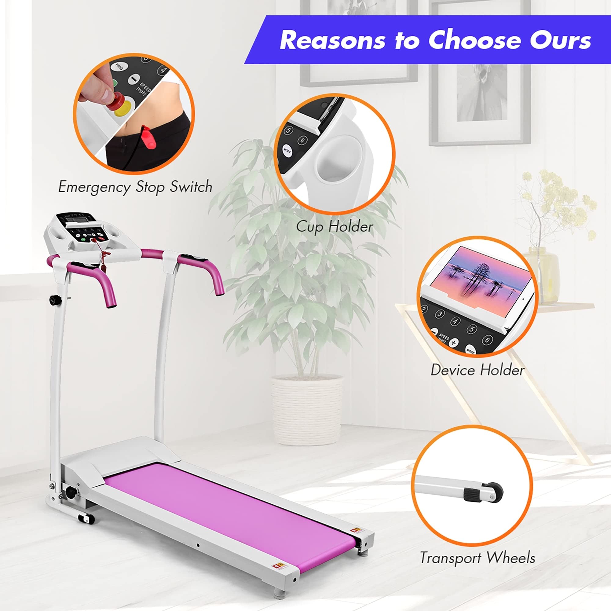 Electric Folding Treadmill with Powerful Motor - Compact Home Fitness Equipment for Running & Walking (Pink) | Perfect for Small Spaces, Home Gyms & Apartment Workouts