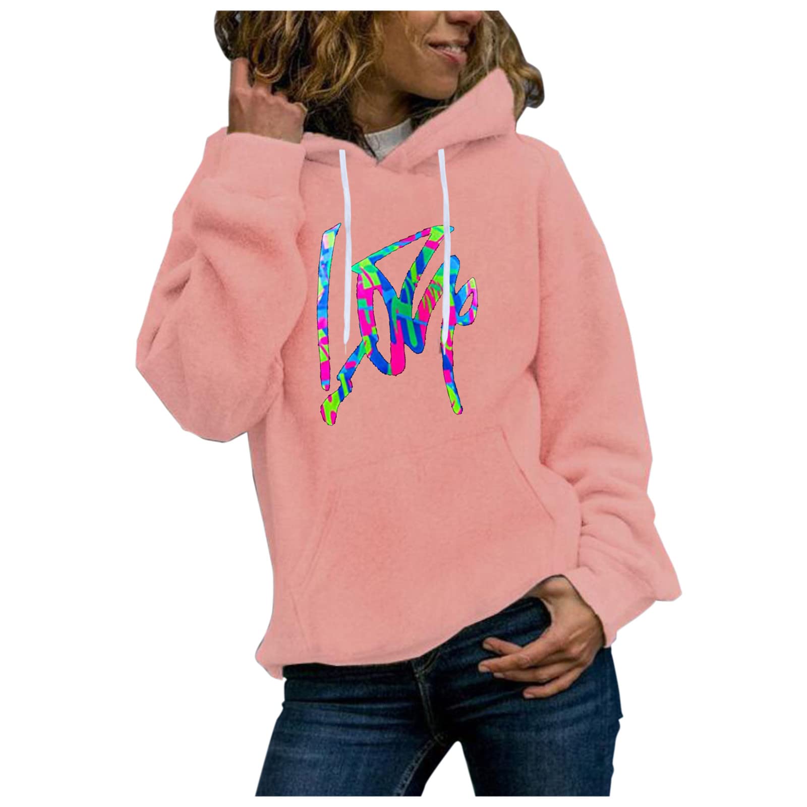 FMCHICO Women's Heart Print Hooded Sweatshirt - Long Sleeve Pullover Sweater with Cute Design for Casual Wear, Loungewear & Outdoor Activities