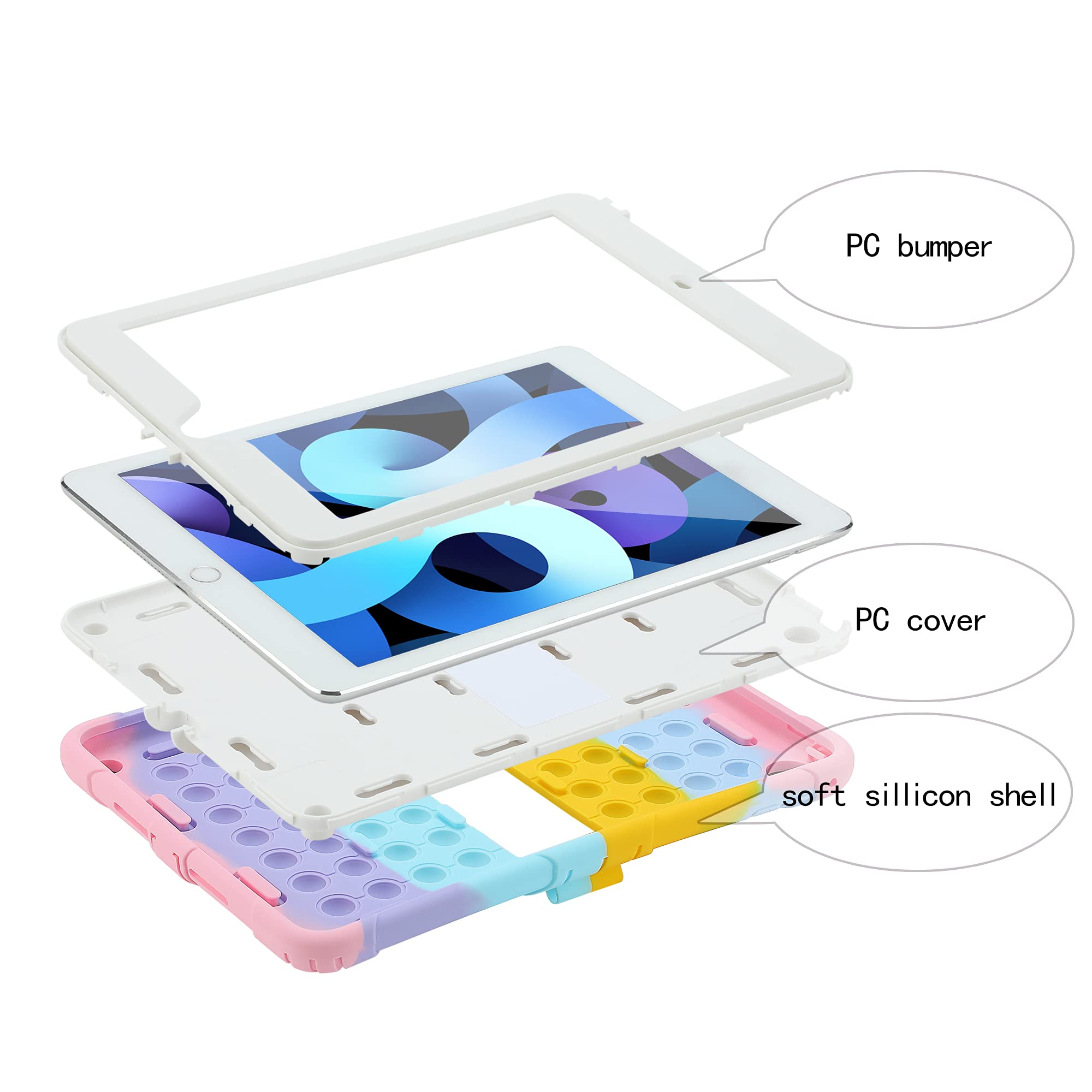 Shockproof iPad Case for iPad 6th/5th Gen (9.7 inch 2018/2017), iPad Air 2 & iPad Pro 9.7 - Rainbow Design with Pencil Holder & Strap - Perfect for Work, School & Travel Protection