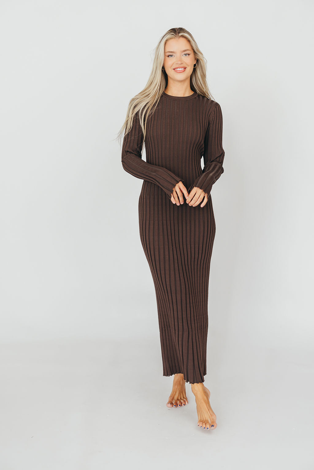 Colette Premium Long Sleeve Ribbed Knit Maxi Dress - Brown Maternity Dress for Pregnancy | Bump Friendly, Comfortable & Stylish for Casual Outings, Date Nights & Special Occasions