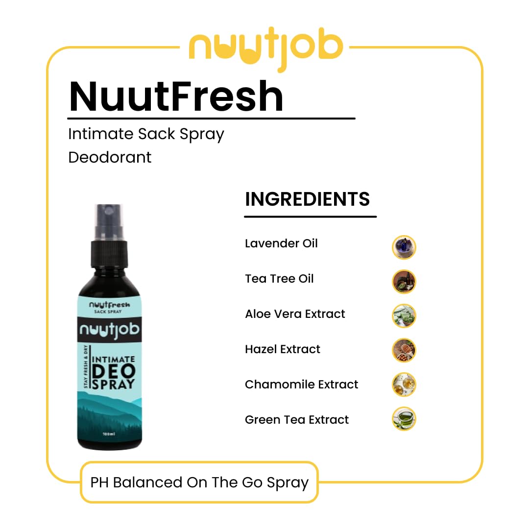 Nuutjob NuutFresh Intimate Deodorant Spray for Men 100ml - Anti Itch & Odor Control, Tea Tree & Witch Hazel Formula, Alcohol & Paraben Free - Ideal for Active Lifestyles, Gym & Daily Comfort