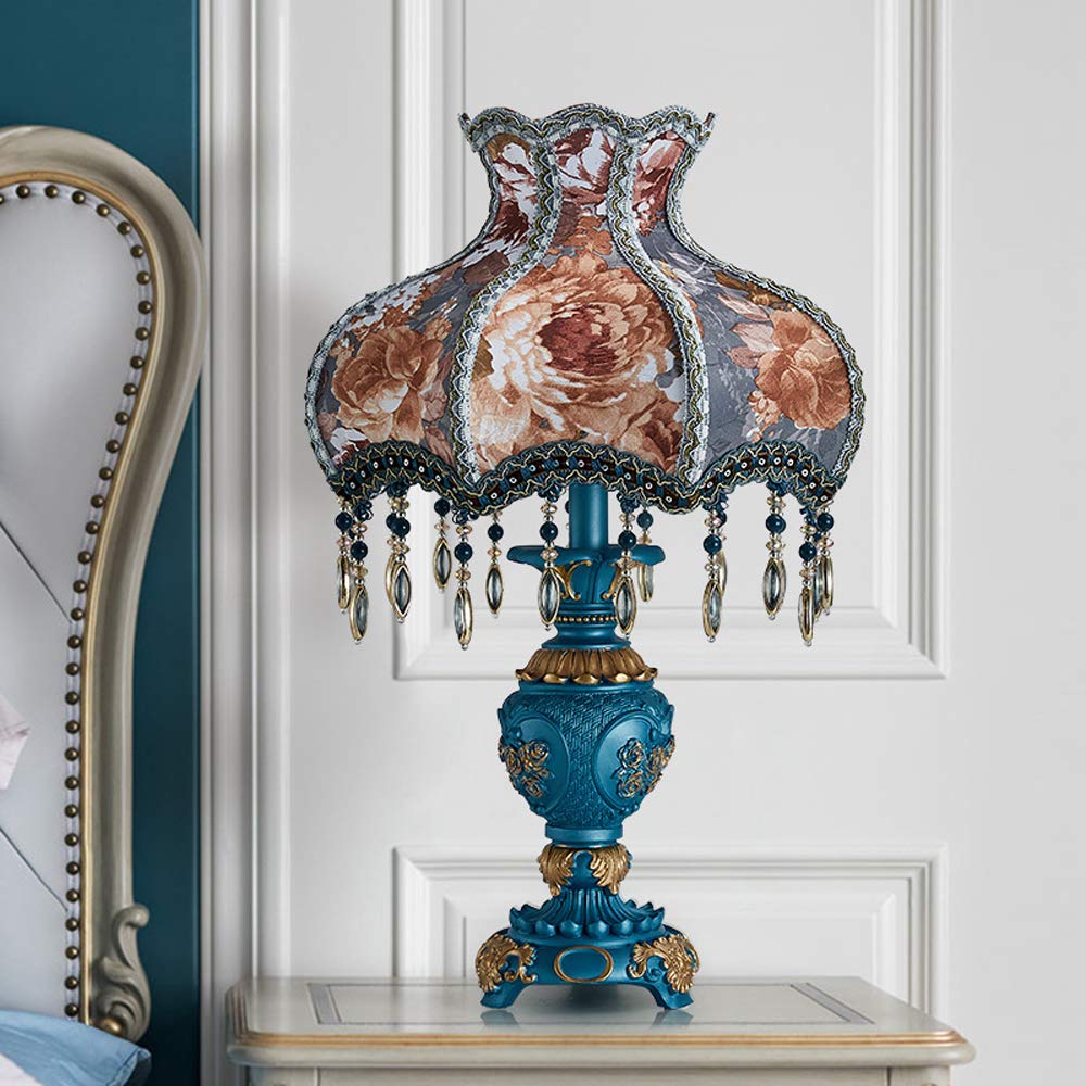 Modern Blue Resin Table Lamp - Victorian Style Desk Light with Fabric Lampshade, Bedside Reading Lamp for Bedroom, Living Room & Dining Room | Romantic Ambient Lighting for Home Decor