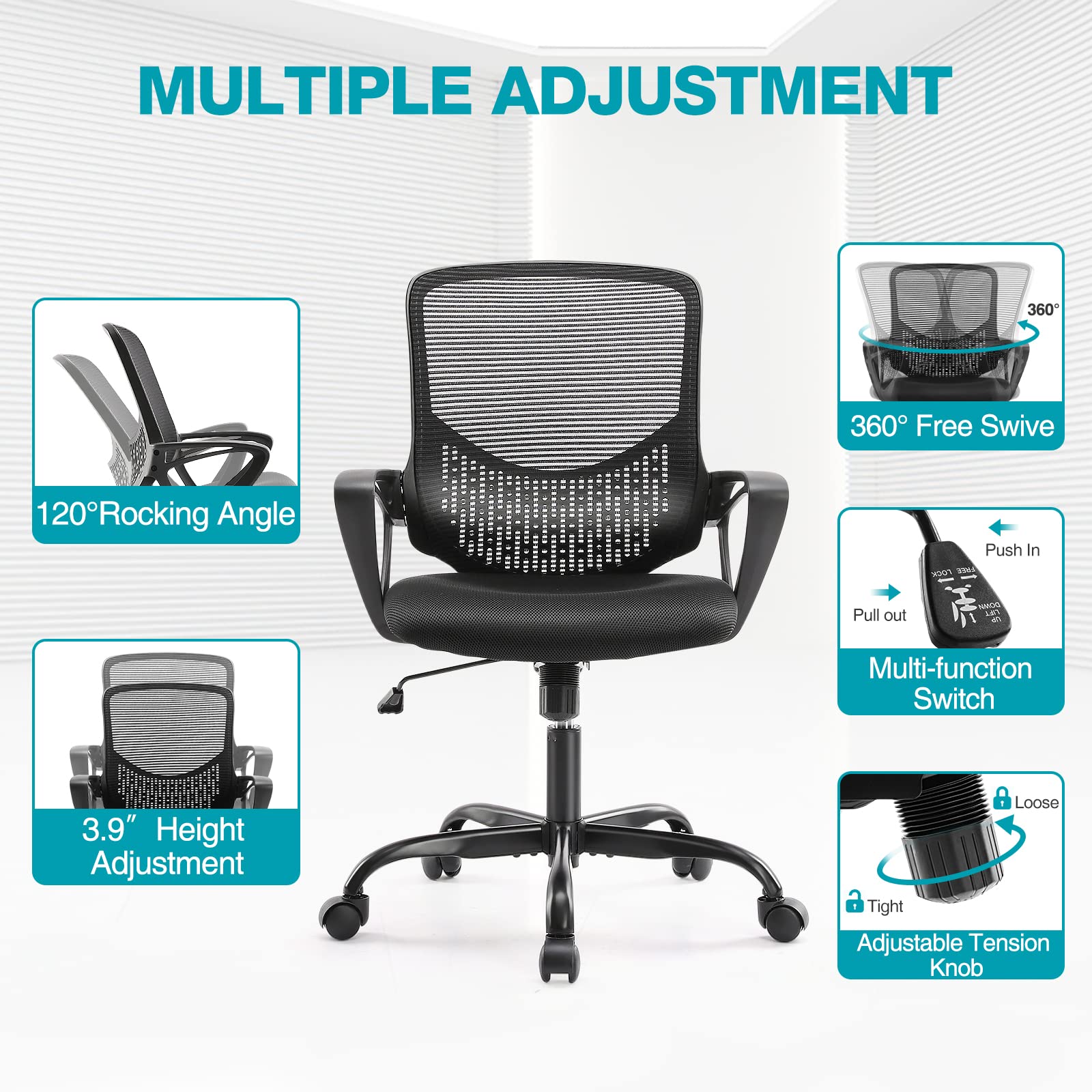 Ergonomic Office Chair with Wheels & Lumbar Support - Mid Back Mesh Computer Desk Chair with Fixed Armrests, Rolling Swivel Home Office Chair (Black) - Perfect for Long Work Hours, Gaming & Study Sessions