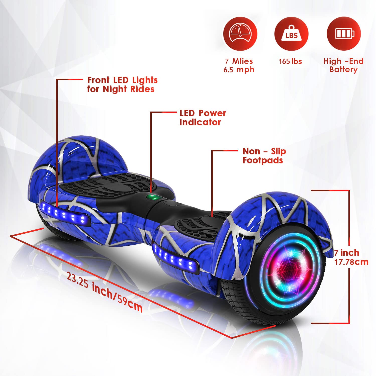 Spider-Pattern Hoverboard for Kids Ages 6-12 with Bluetooth Speaker & LED Lights - 6.5