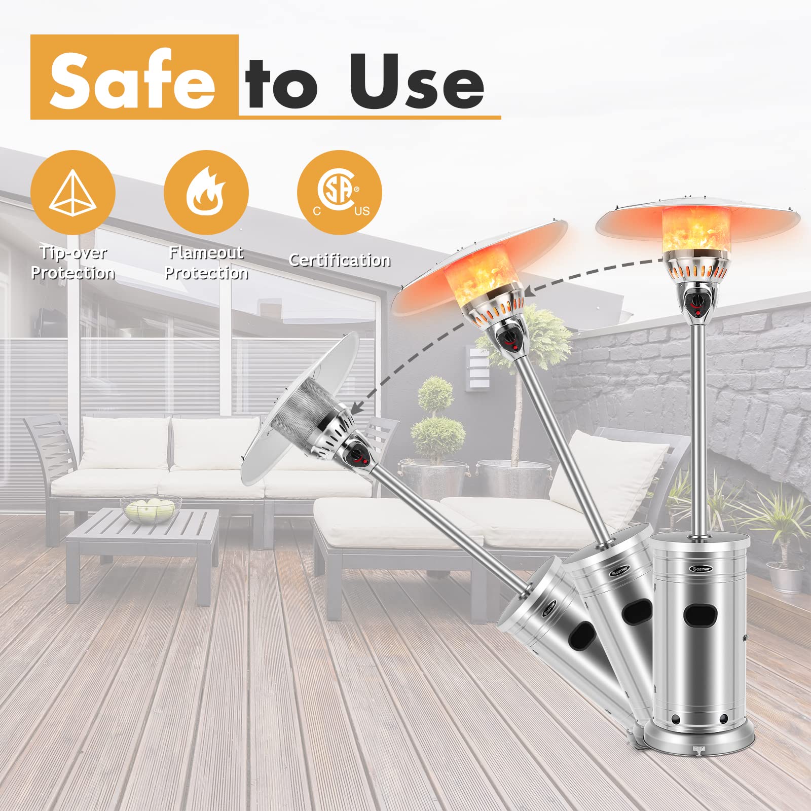 COSTWAY 48,000 BTU Stainless Steel Outdoor Propane Patio Heater with Wheels & Drink Shelf - Portable Standing Heater for Garden, Backyard, Restaurant, Deck - Auto Shut Off Safety Valve for Camping & Outdoor Parties