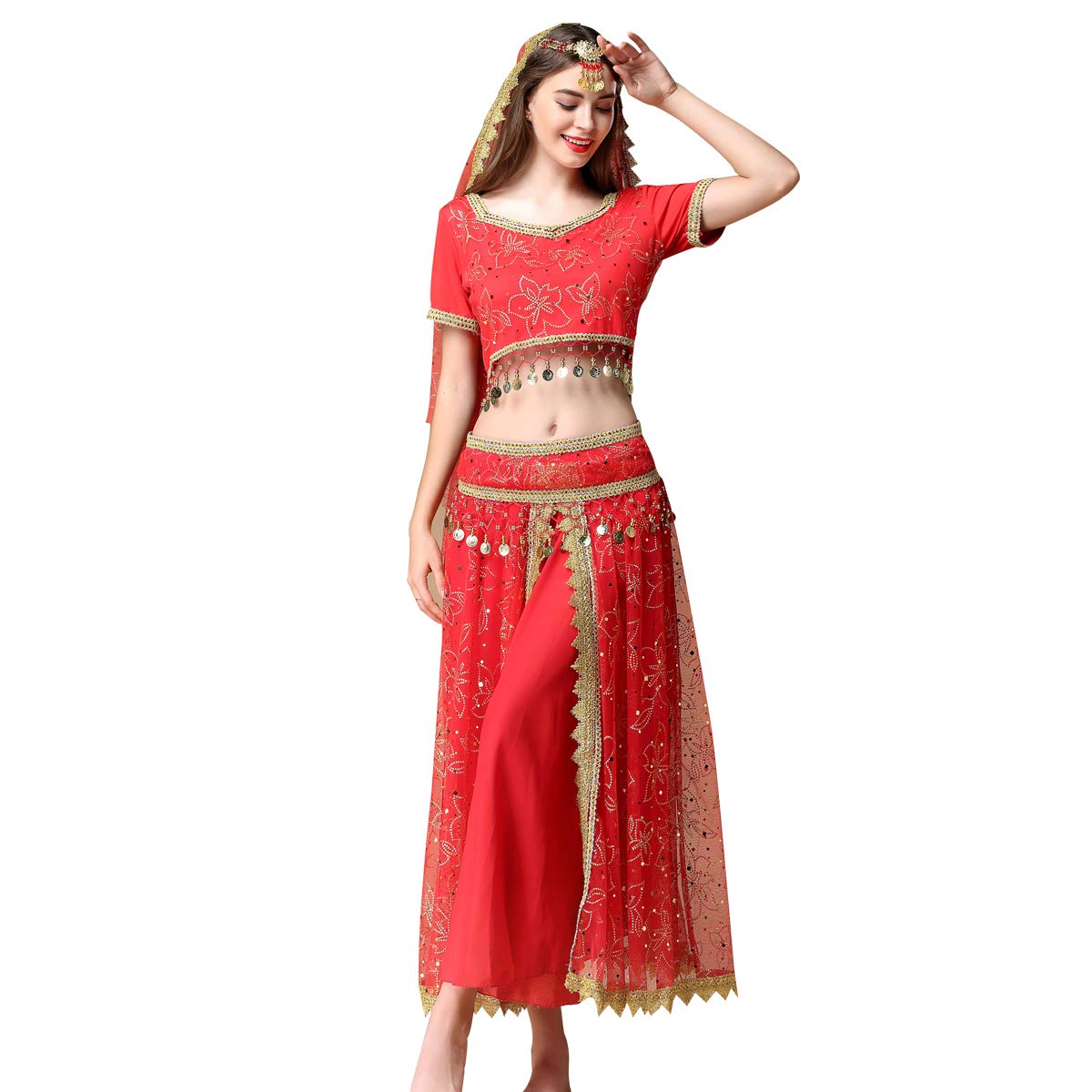 Elegant MISI CHAO Belly Dance Costume - Bollywood Chiffon Dress with Head Veil for Women | Perfect for Halloween, Dance Performances & Cultural Events