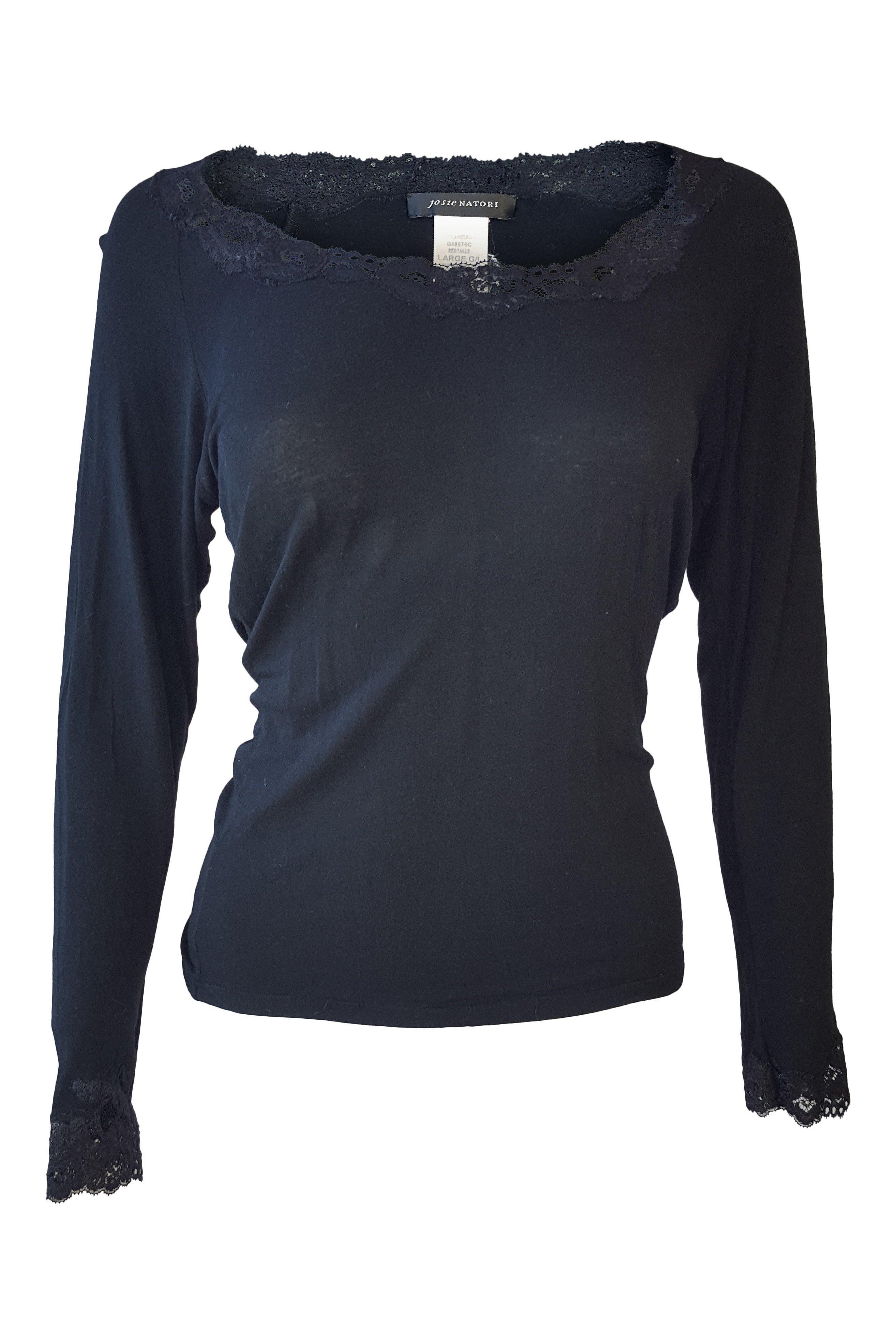 JOSIE NATORI Black Lace Trimmed Casual Top for Women - Comfortable Loose Fit Blouse (Size L) | Perfect for Daily Wear, Office & Date Nights