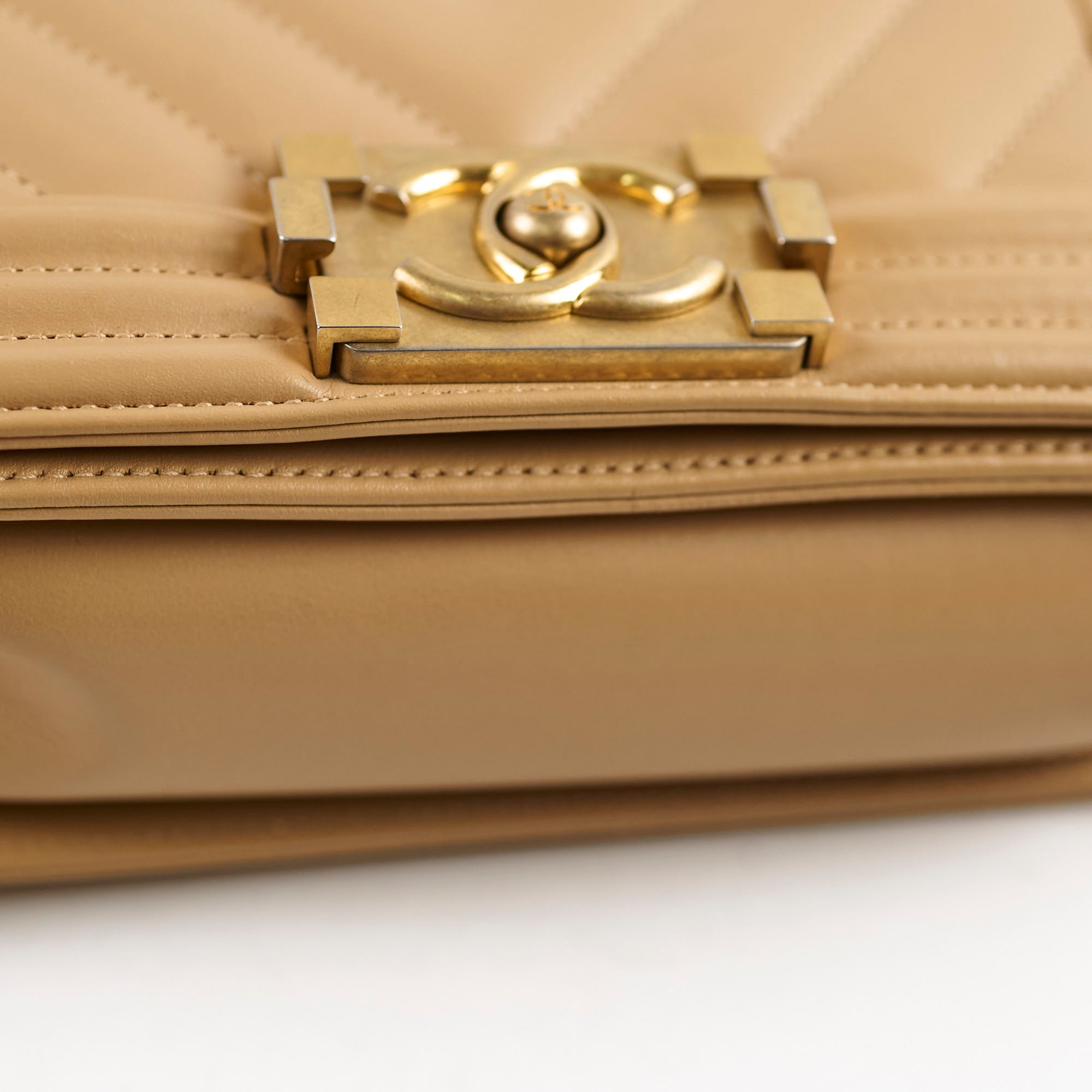 Chanel Small Boy Chevron Beige Calfskin Leather Handbag - Luxury Designer Crossbody Bag for Women, Perfect for Date Night & Evening Events