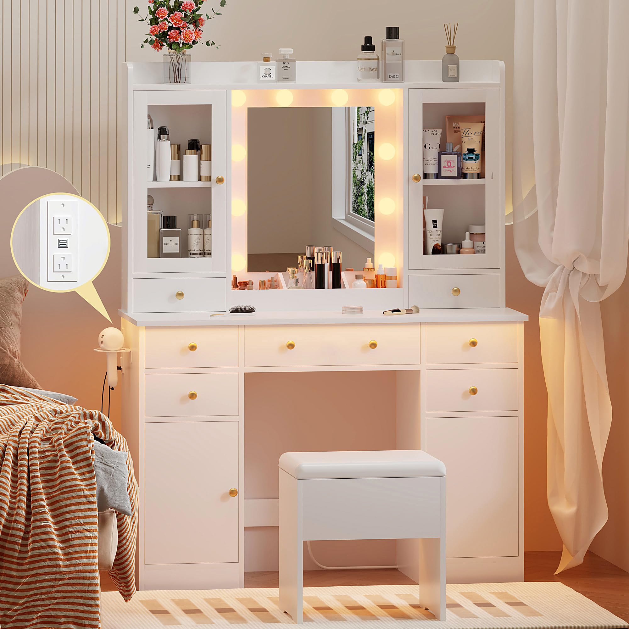 Vanity Desk with Mirror and LED Lights - White Makeup Vanity Set with Adjustable 3-Color Lighting, Built-in Charging Station & Matching Chair - Perfect for Women's Bedroom, Dressing Room or Beauty Salon