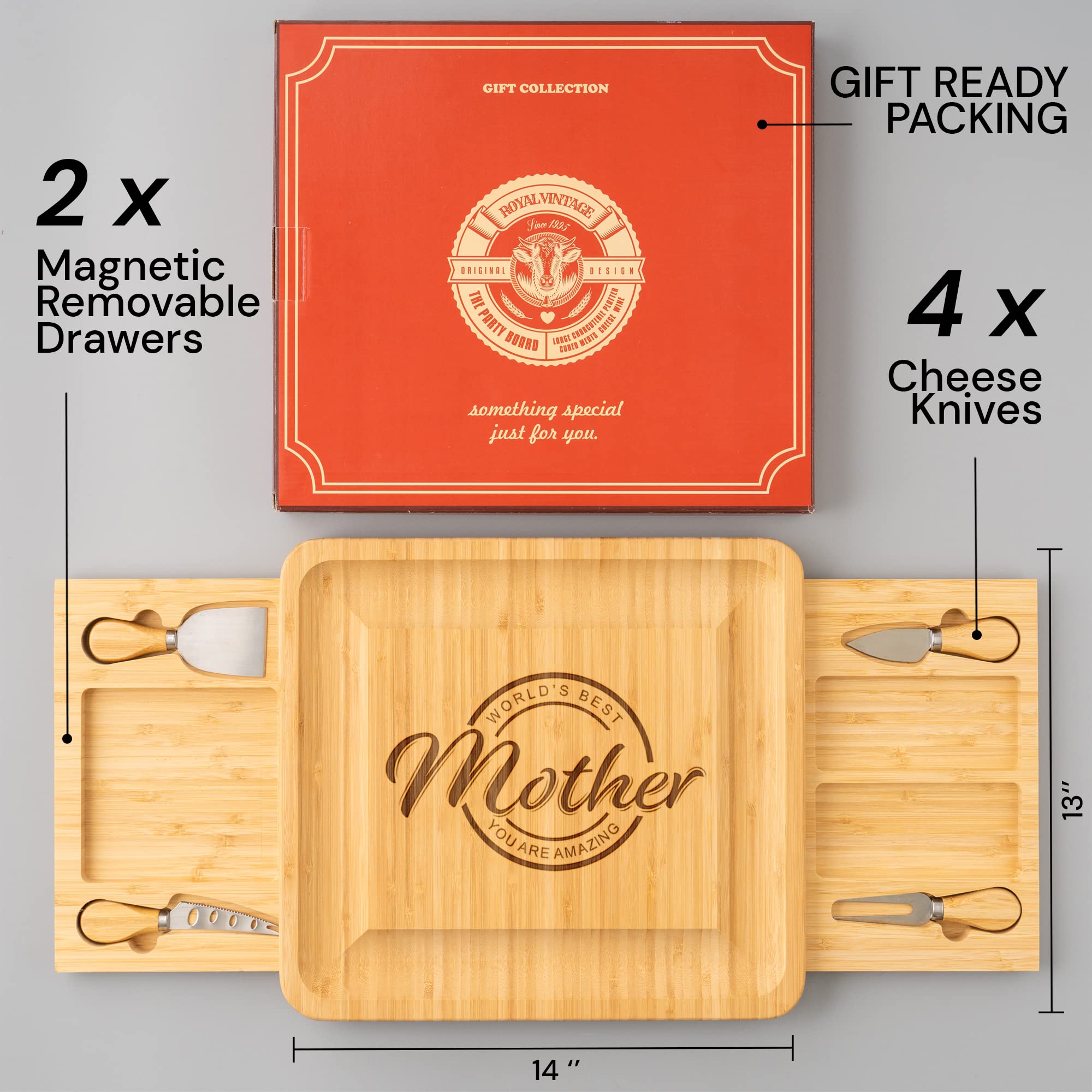 Best Birthday Gifts for Mom from Daughter, Son & Kids - Happy Birthday Mom Gift Ideas - Premium Charcuterie Cheese Board Set with 4 Stainless Steel Knives - Perfect for Mother's Day, Anniversary & Family Gatherings