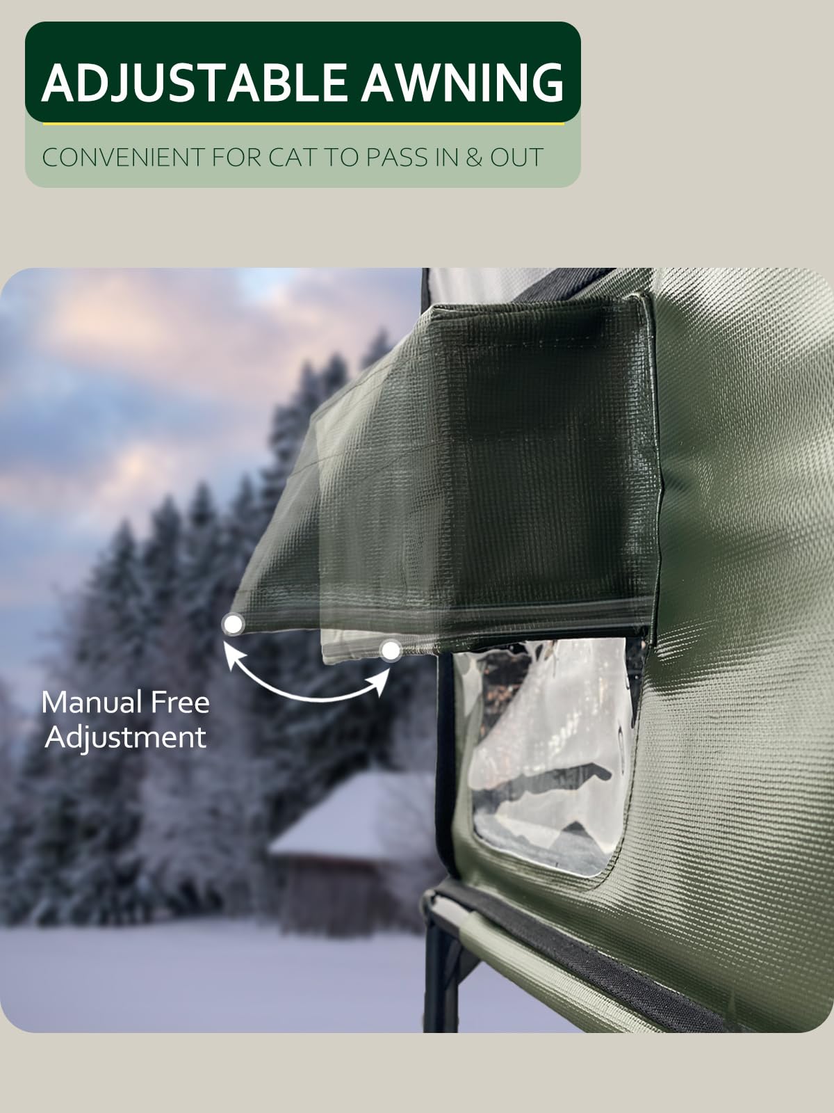 Heated Cat House - Insulated & Waterproof Outdoor Cat Shelter with Adjustable Awning & Escape Door - Indoor/Outdoor Use - Dark Green 13x17x20 Inches - Perfect for Winter Warmth & Backyard Protection