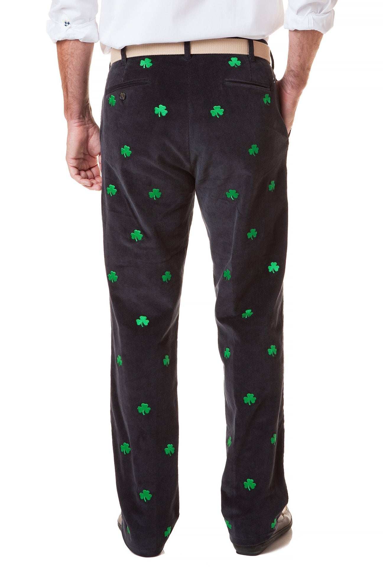 Beachcomber Corduroy Pants for Men - Nantucket Navy with Shamrock Design - Comfortable Casual Trousers for Beach, Travel & Everyday Wear