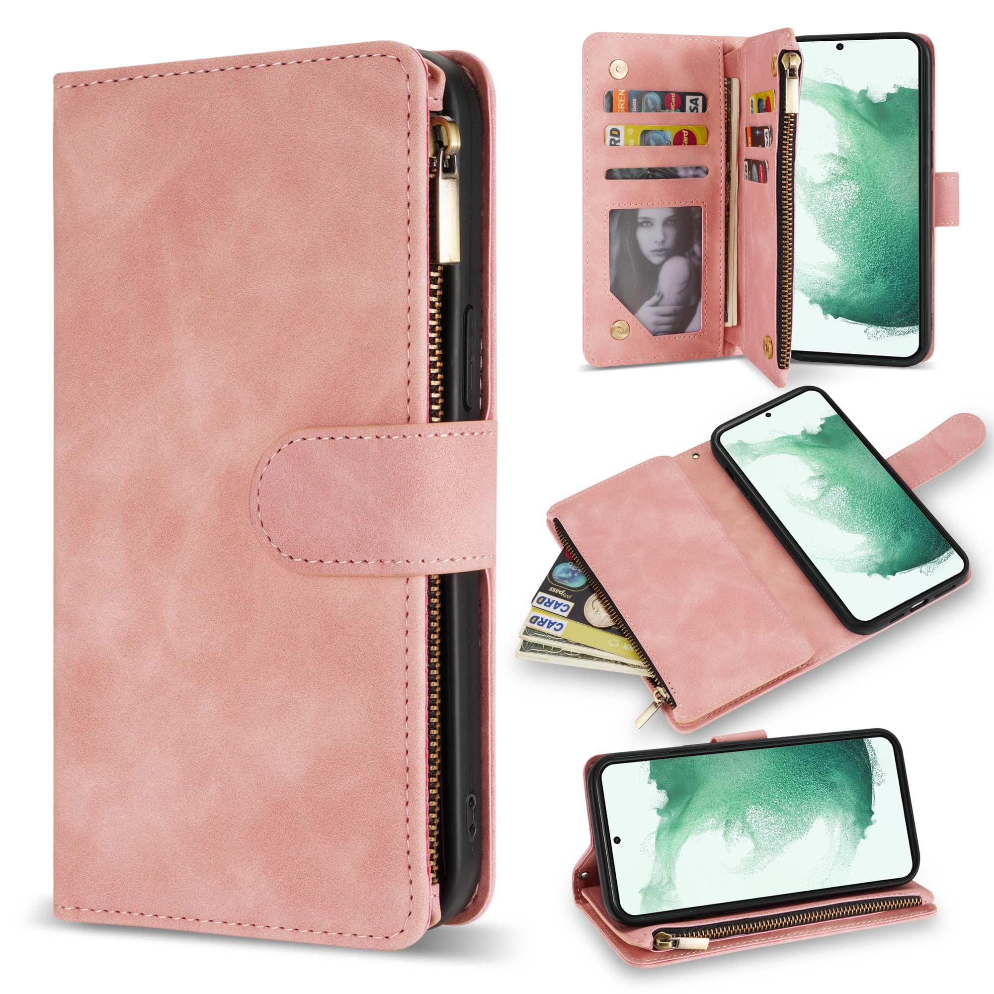 Premium Soft PU Leather Zipper Flip Wallet Case with Card Slot & Wrist Strap for Samsung Galaxy S22 Plus (6.6 Inch) - Protective Kickstand Folio Cover for Daily Use, Travel & Business (Pink)